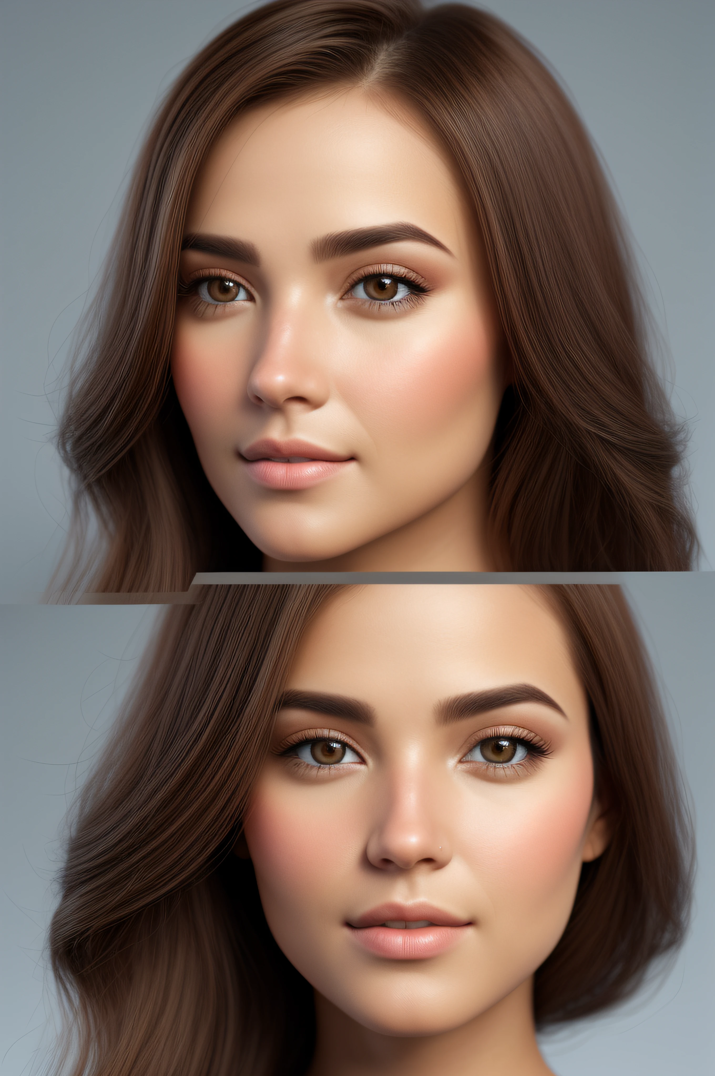 Generate four detailed illustrations of a human face in different perspectives: frontal, lateral esquerda, superior e em perspectiva tridimensional. O rosto deve ser realista e expressivo, with well-defined features, como olhos, nariz, boca, orelhas e cabelo. Make sure facial proportions remain consistent across all views. A vista frontal deve mostrar o rosto olhando diretamente para o observador, a vista lateral esquerda deve mostrar o perfil esquerdo do rosto, the top view should display the top of the head and shoulders, and the three-dimensional perspective view should present the face in a way that gives a sense of depth and dimension. Use a natural color palette and proper lighting to enhance the details of the face. Illustrations should be crisp and clear, allowing clear identification of all facial features in each view.