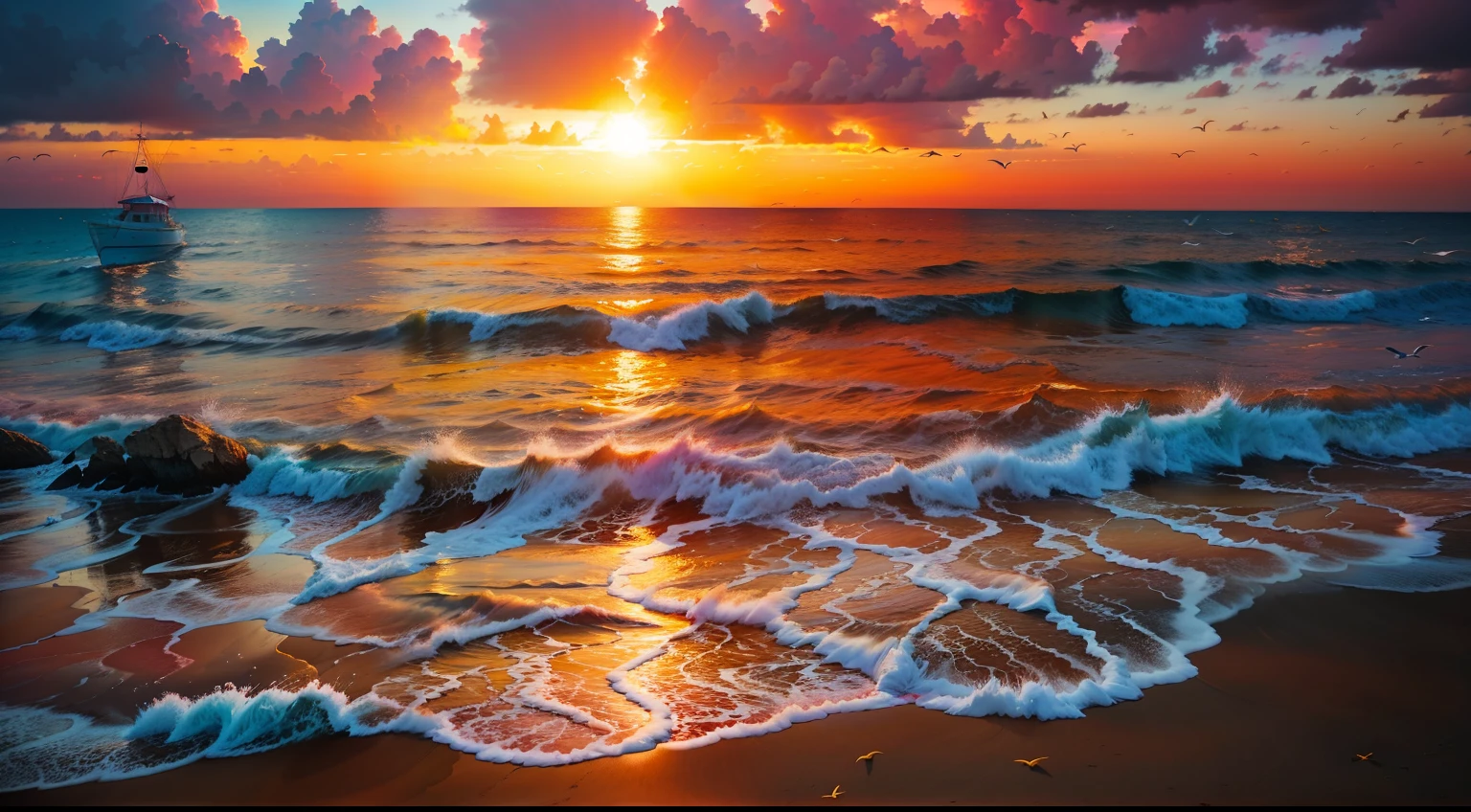 An absolutely mesmerizing sunset on the beach, with a mix of orange, pink, and yellow in the sky. The water is crystal clear, gently kisses the coast, and the white sand is endless. The scene is dynamic and breathtaking, with seagulls soaring high in the sky and palm trees swaying softly. Immerse yourself in the calm atmosphere and let the serenity surround you.