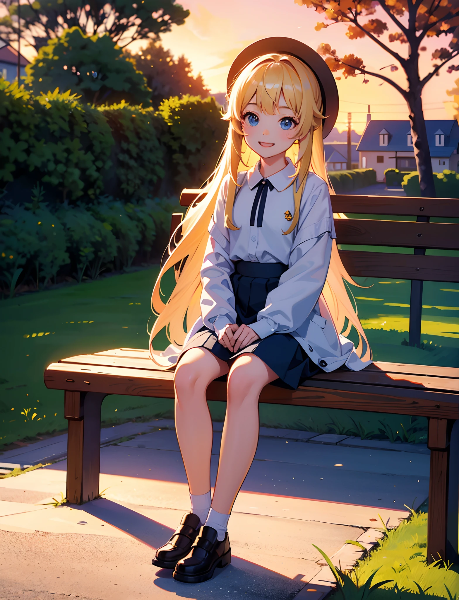 A happy girl,long whitr hair,Dressed in casual attire,Sit on a wooden bench,The background is the village,Sunset and sunset,Face the camera,Full body photo,Ultra-high definition