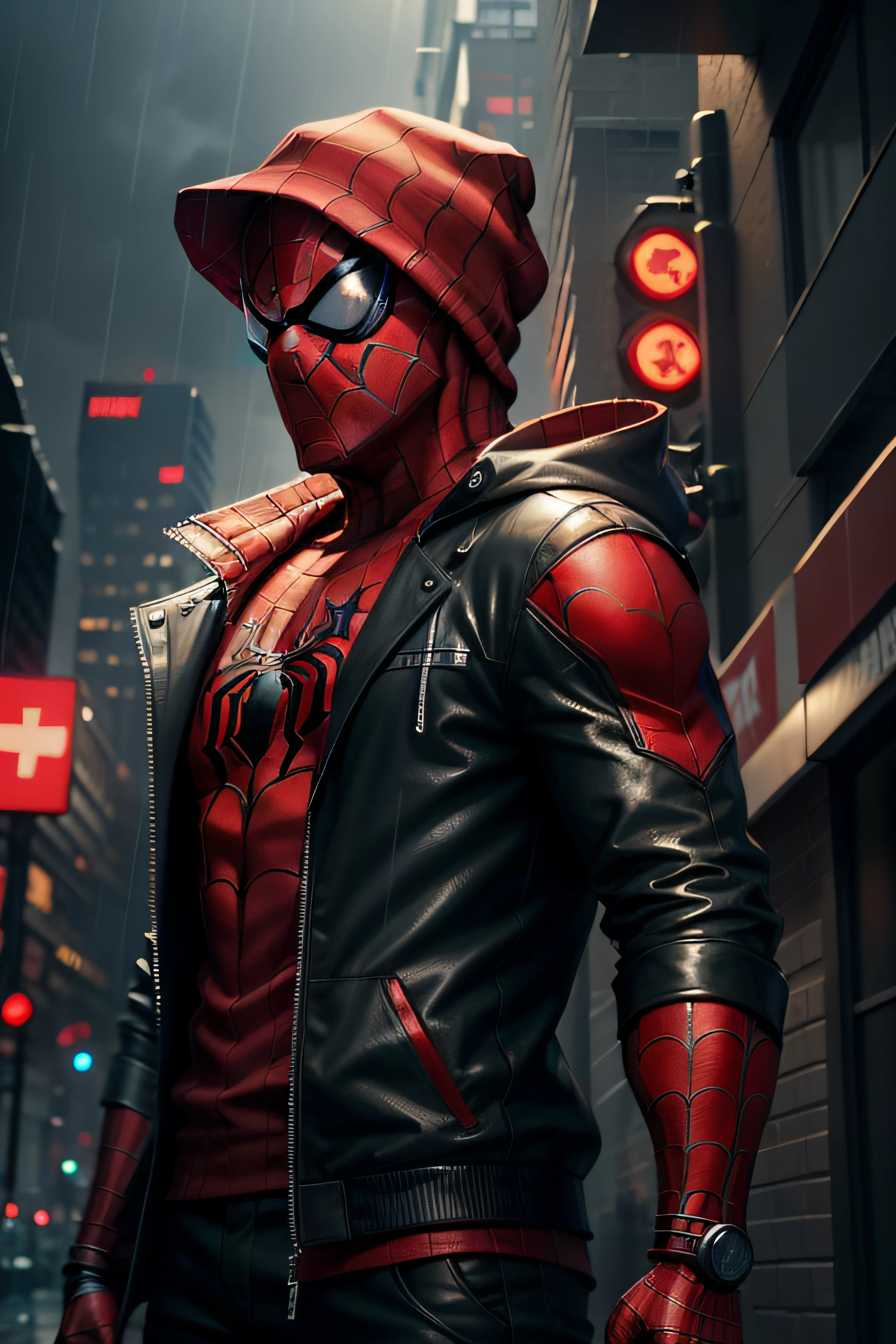 Spidey,Highly detailed cyberpunk style Spider-Man portrait,Red suit and red mask,and red hats,From the front,In the rain。HD 4K wallpaper,HQ 4K art,Peter Parker wallpaper,marvel art,Brilliant idea。