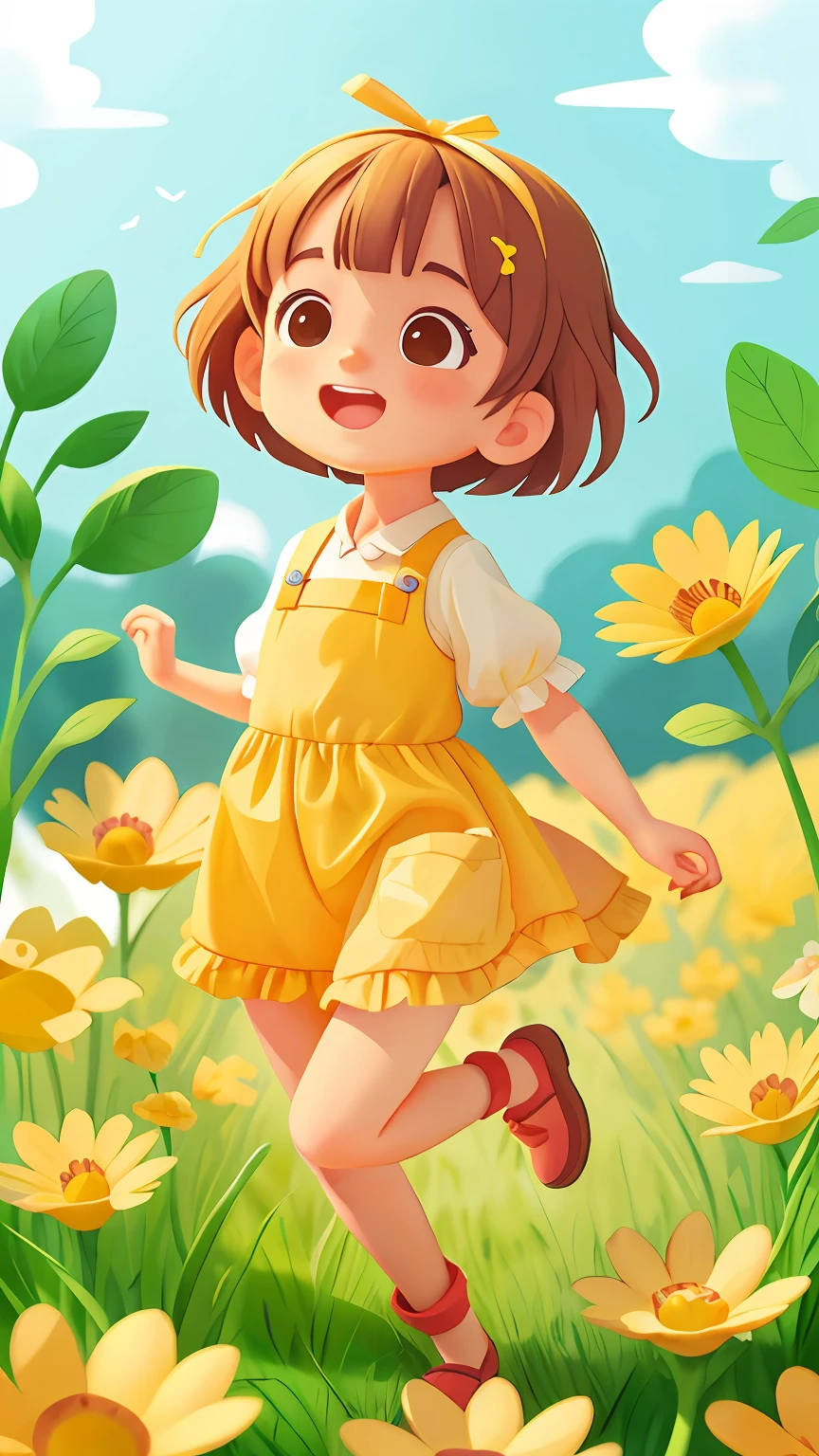 1 girl ,Short Hair Hair, rice field, happy, run and play, Yellow Flower Garden, Beautiful and delicate, beste-Qualit, ultra-detail