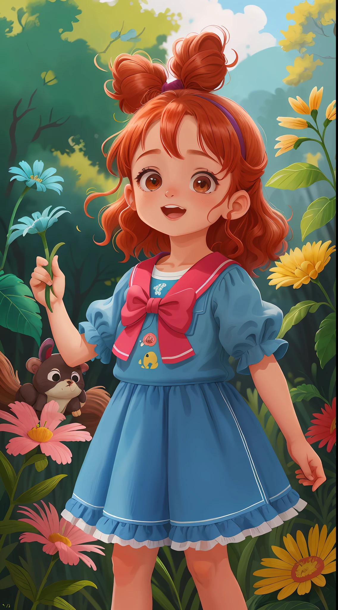 Menina 9 anos.. personagem para capa de ebook infantil. Curly and red hair up to the shoulder. Bow on pink head. Olhos castanhos e grandes. pele branca. mesmo personagem. usando short azul escuro e blusa amarela. Meia branca e sapato preto. Paisagem de fundo ( rancho lindo, cheio de paisagens , flores, plantas, birds and forest animals. various poses, mesmo personagem vista de lado, quer dizer, frontal, lateral direito, lateral esquerdo, de costas, rostos diferentes , quer dizer, triste, alegre, assustada, encantada, felizes, felizes, de qualidade perfeita, menina de costas, lateralmente, Attracted, lateralmente, lado a lado, fisionomia diferente da face. Foco claro .feliz, feliz, qualidade perfeita, foco claro (mess-house: 0.8), (obra-prima: 1.2) (realista: 1.2) (bokeh) (melhor qualidade) (pele detalhada: 1.3) (detalhes intrincados) (8K) (olhos de detalhe) (foco nítido), (feliz)