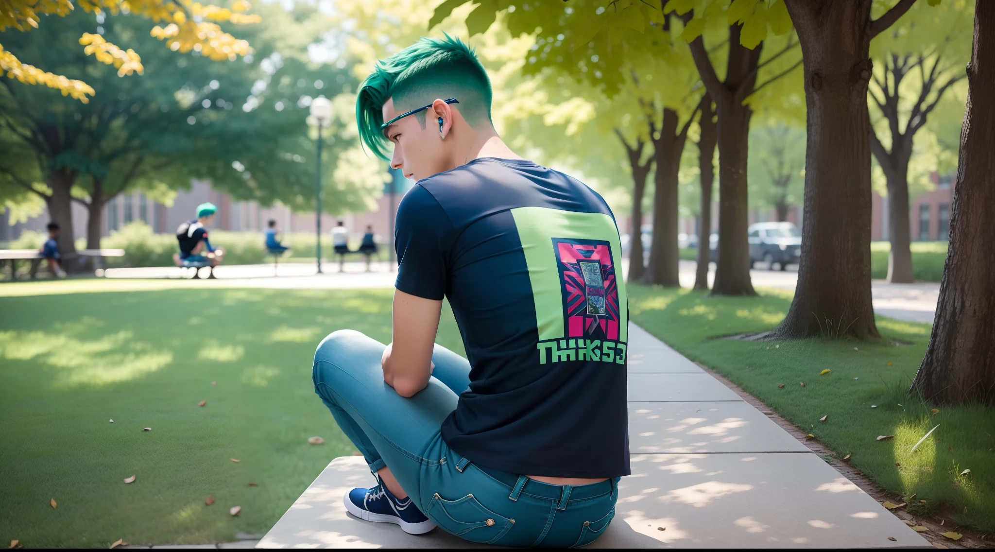 (The back of a 16-year-old boy:3.8),Blue-green hair,Sit on a bench,On the campus of the university,Wear a short-sleeved T-shirt,Wear tight pants