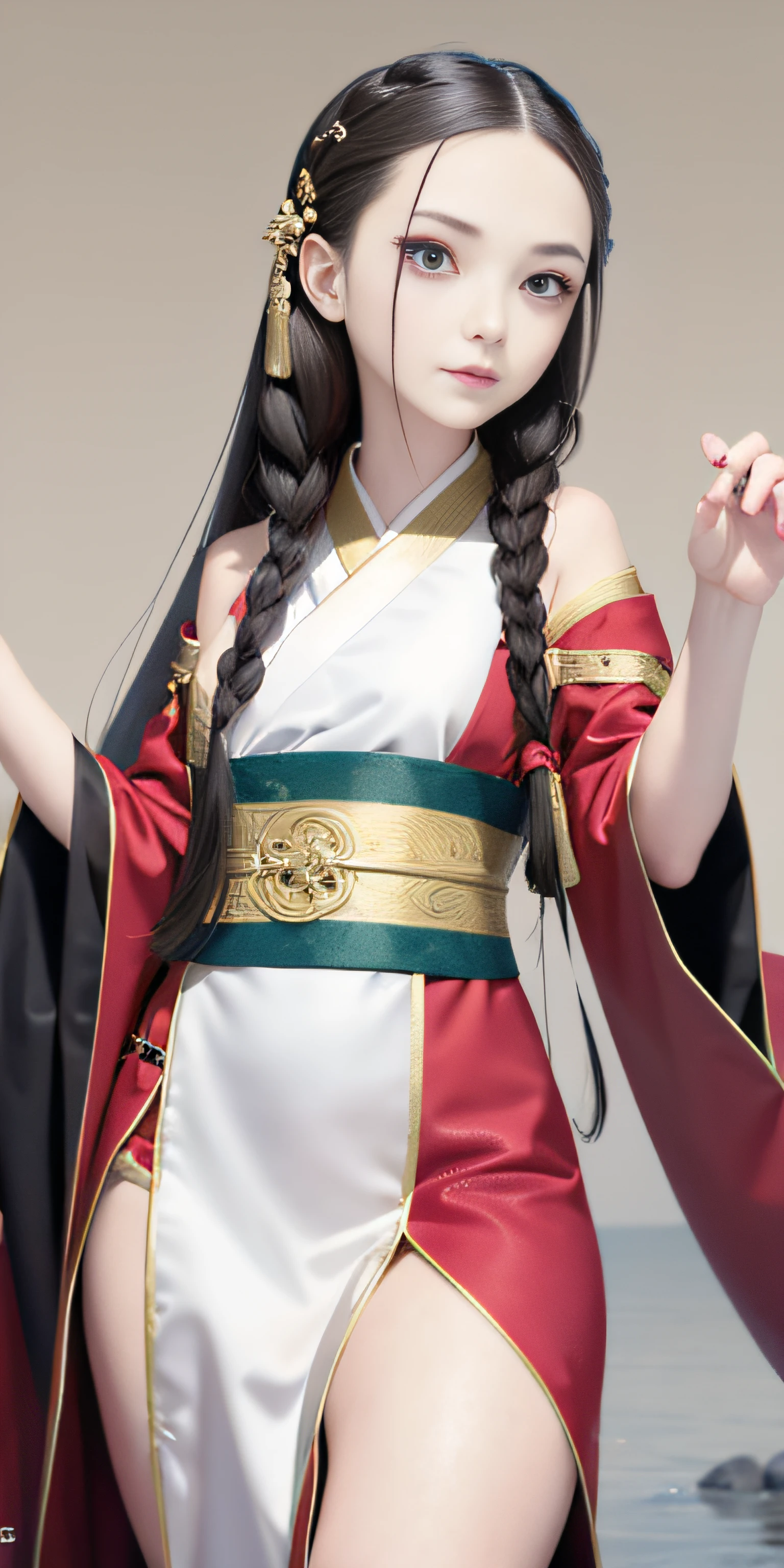 Need,tmasterpiece,Singing by the lake,brunette color hair,Golden eyes,Hanfu,Look up,full bodyesbian,Hairline,Fair skin,Brunette hair in side braids, hair bobbles, wince, long eyelasher, solid circle eyes, surrealism, shadowing, anaglyph, stereograms, tachi-e, angle of view, Atmospheric perspective, From below, 8K, Super detail, 4K