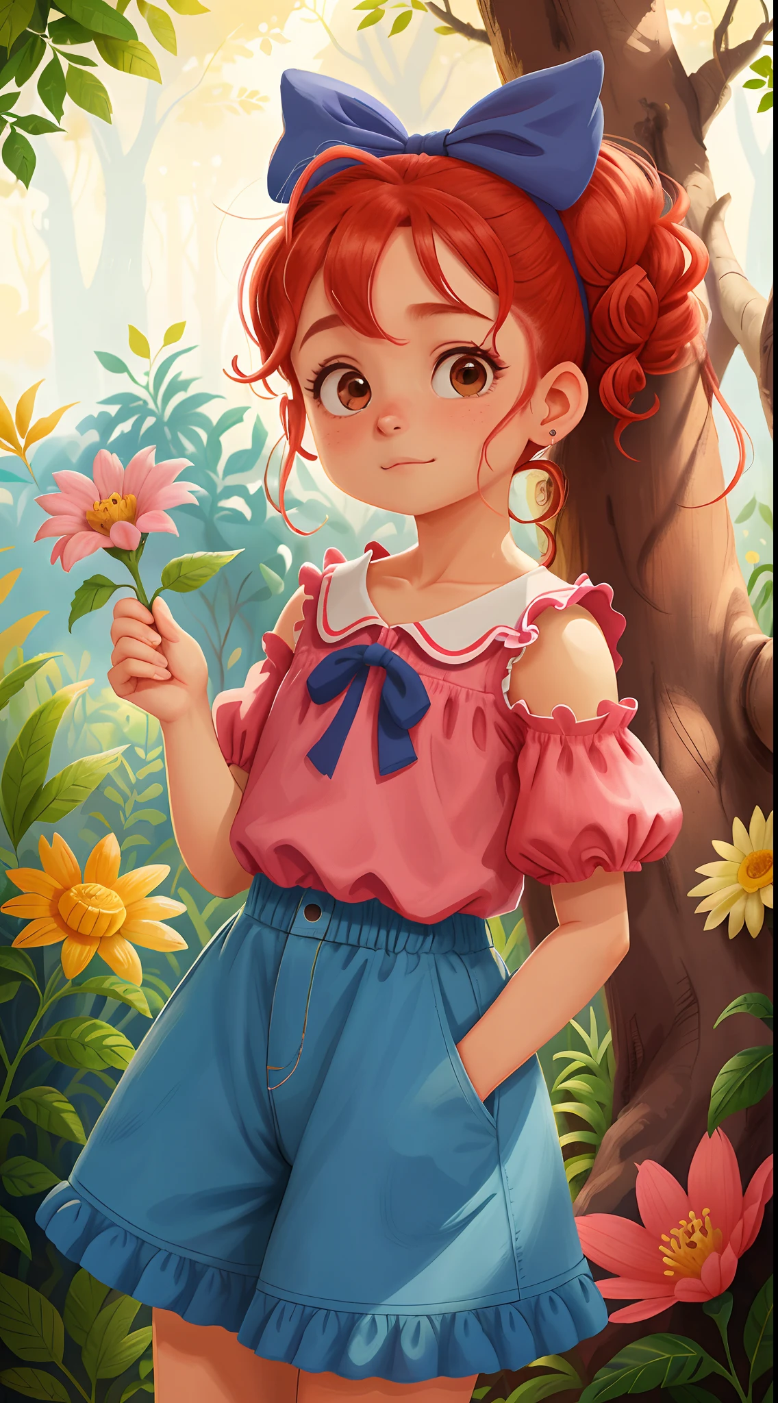Menina 9 anos.. personagem para capa de ebook infantil. Curly and red hair up to the shoulder. Bow on pink head. Olhos castanhos e grandes. pele branca. mesmo personagem. usando short azul escuro e blusa amarela. Meia branca e sapato preto. Paisagem de fundo ( rancho lindo, cheio de paisagens , flores, plantas, birds and forest animals. various poses, mesmo personagem vista de lado, quer dizer, frontal, lateral direito, lateral esquerdo, de costas, rostos diferentes , quer dizer, triste, alegre, assustada, encantada, felizes, felizes, de qualidade perfeita, menina de costas, lateralmente, Attracted, lateralmente, lado a lado, fisionomia diferente da face. Foco claro .feliz, feliz, qualidade perfeita, foco claro (mess-house: 0.8), (obra-prima: 1.2) (realista: 1.2) (bokeh) (melhor qualidade) (pele detalhada: 1.3) (detalhes intrincados) (8K) (olhos de detalhe) (foco nítido), (feliz)