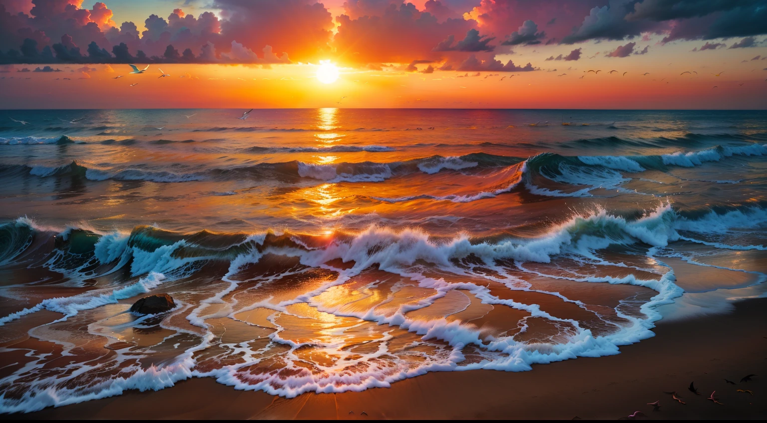 An absolutely mesmerizing sunset on the beach, with a mix of orange, pink, and yellow in the sky. The water is crystal clear, gently kisses the coast, and the white sand is endless. The scene is dynamic and breathtaking, with seagulls soaring high in the sky and palm trees swaying softly. Immerse yourself in the calm atmosphere and let the serenity surround you.