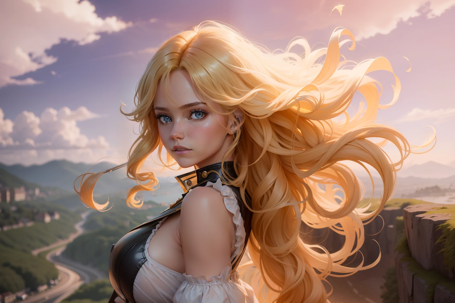Anime female characters,Best Female Anime Character,Full body portrait of anime female,From the abyss,Annihilated Leisha,Depict the full body figure,Black tight leather jacket,curly blond hair,Long curly blonde hair,The length of hair to the calf,Frontal portrait,Sunlight on the edge of the cliff,Realistic background style,HD scenery,Standing above the abyss of reality,View of the town in the distance,There are various European-style houses in the town,The wind ruffled the curly blonde hair,Black leather riding boots,Super long hoe type sword-type weapon,Curved sickle weapon,Large, Thick shiny blonde curls,Blue eyes are determined and positive,Black leather cape,blue color eyes,Absolutely beautiful adult women