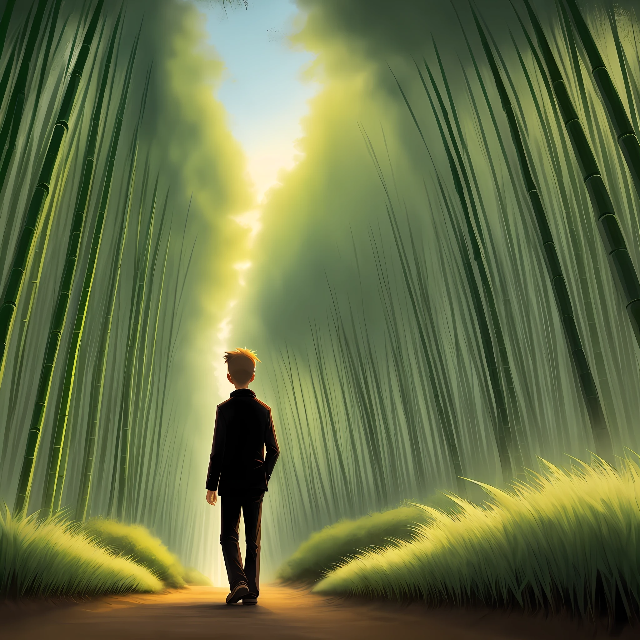Bamboo forest，Cartoon good boy，Dusk view