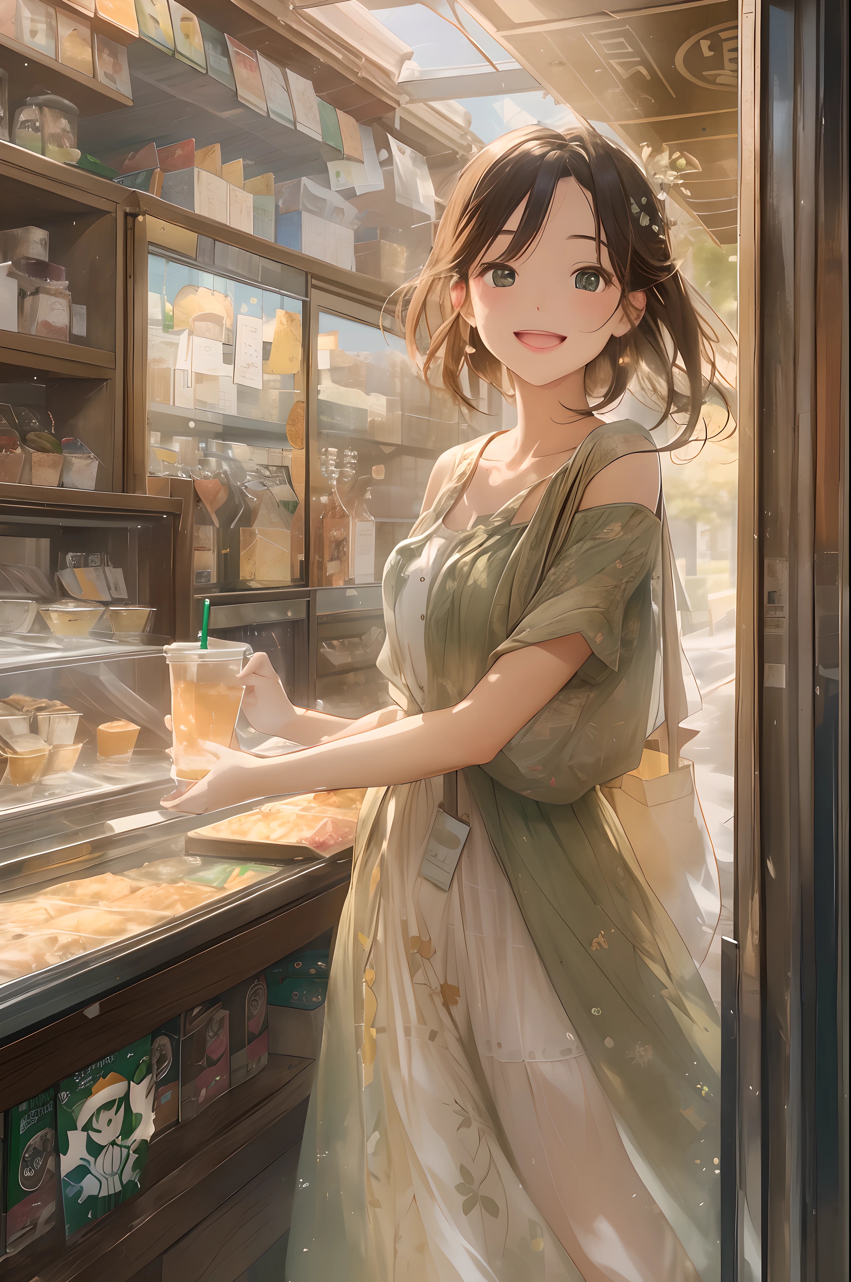 A work depicting a cute girl heading to Starbucks。「Under bright sunshine、Cute girl is heading to Starbucks。Her smile brightens、People around you々I also feel comfortable with that smile。She walks with her hair swaying in the wind、It's as charming as a movie。In his hand is a Starbucks cup.、The scent seems to be in the air.。The moment you open the door of the shop、A sense of anticipation and happiness spreads across her face。While looking closely at the menu、You seem to be wondering which drink to choose.、Their countenances are full of joy。When you see her enjoying a new experience、Brings a sense of exhilaration to the surroundings。」