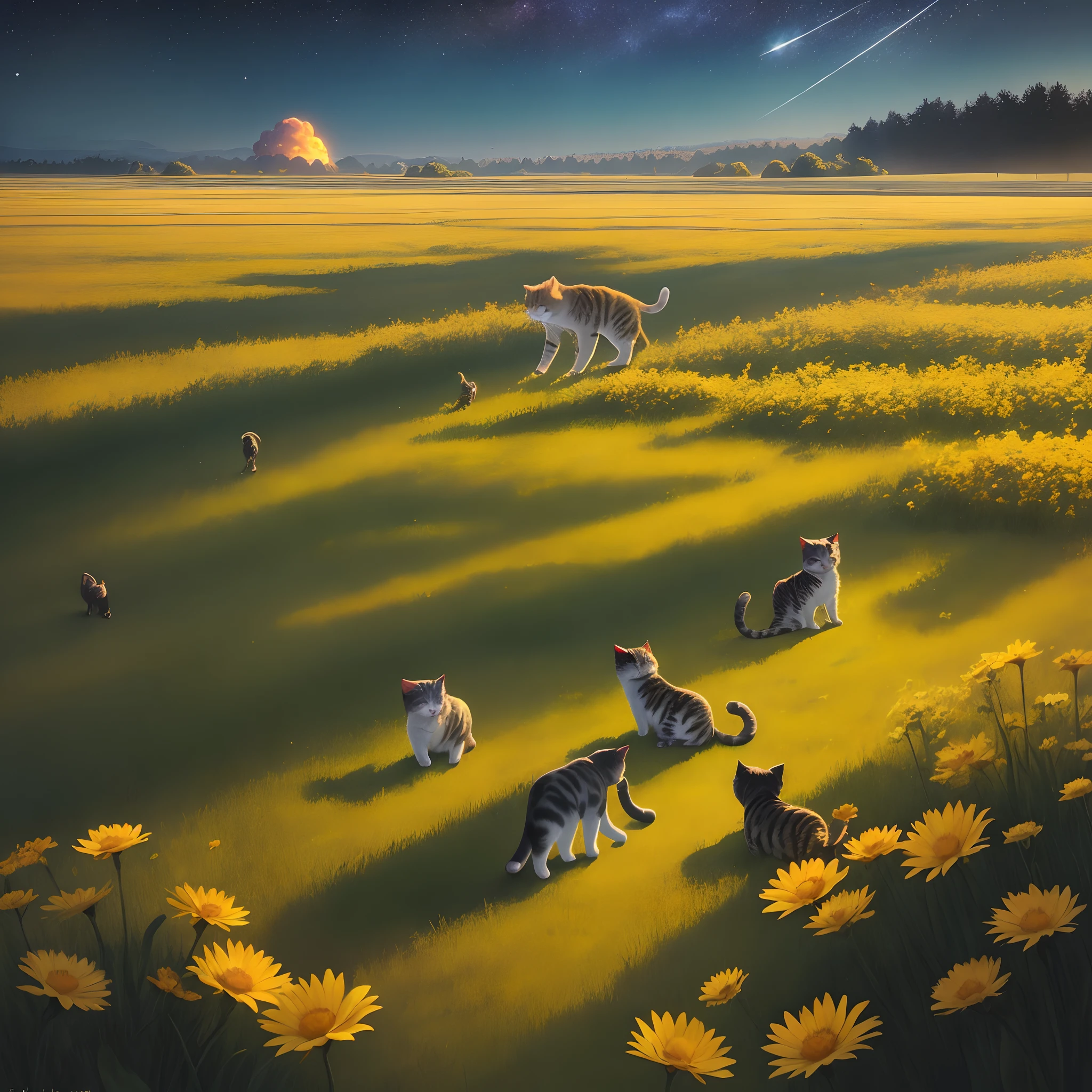 Empty，field，Colored meteors，partner， cats，midsummer，