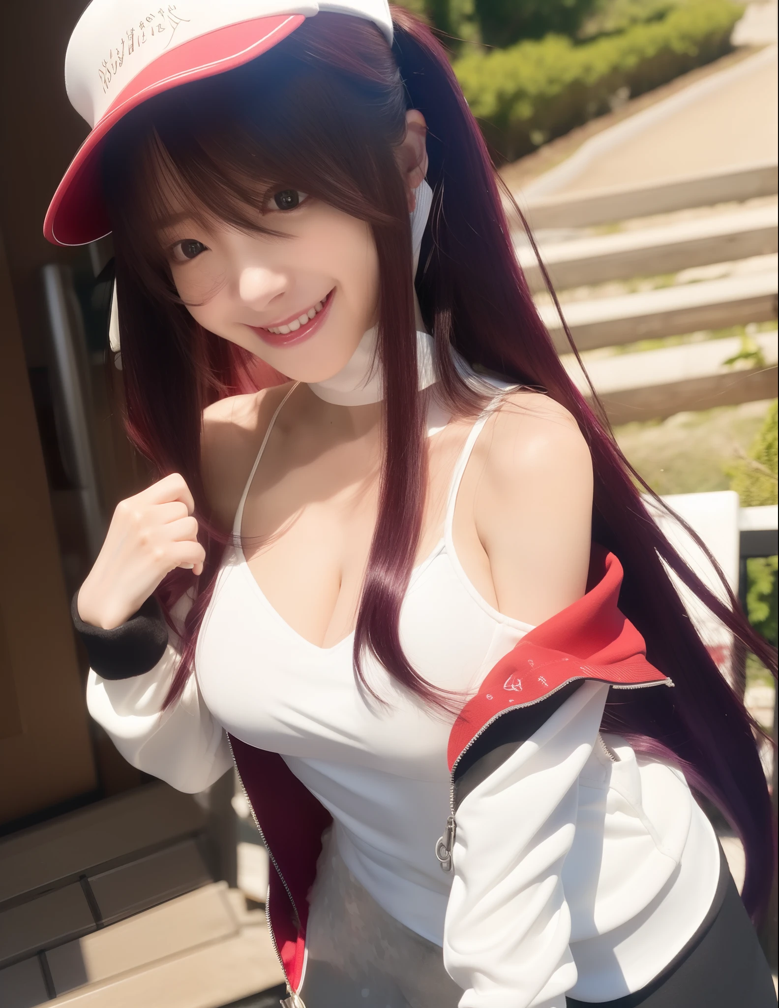 (8K), (High Quality), (Ultra realistic), (High Details), (Face detail), (Shadow Detail), (huge breasts: 1.5), 1 japanese girl, 20 years old, long grape hair, white top, red jacket, white hat, (open mouth), smile, star-shaped lens