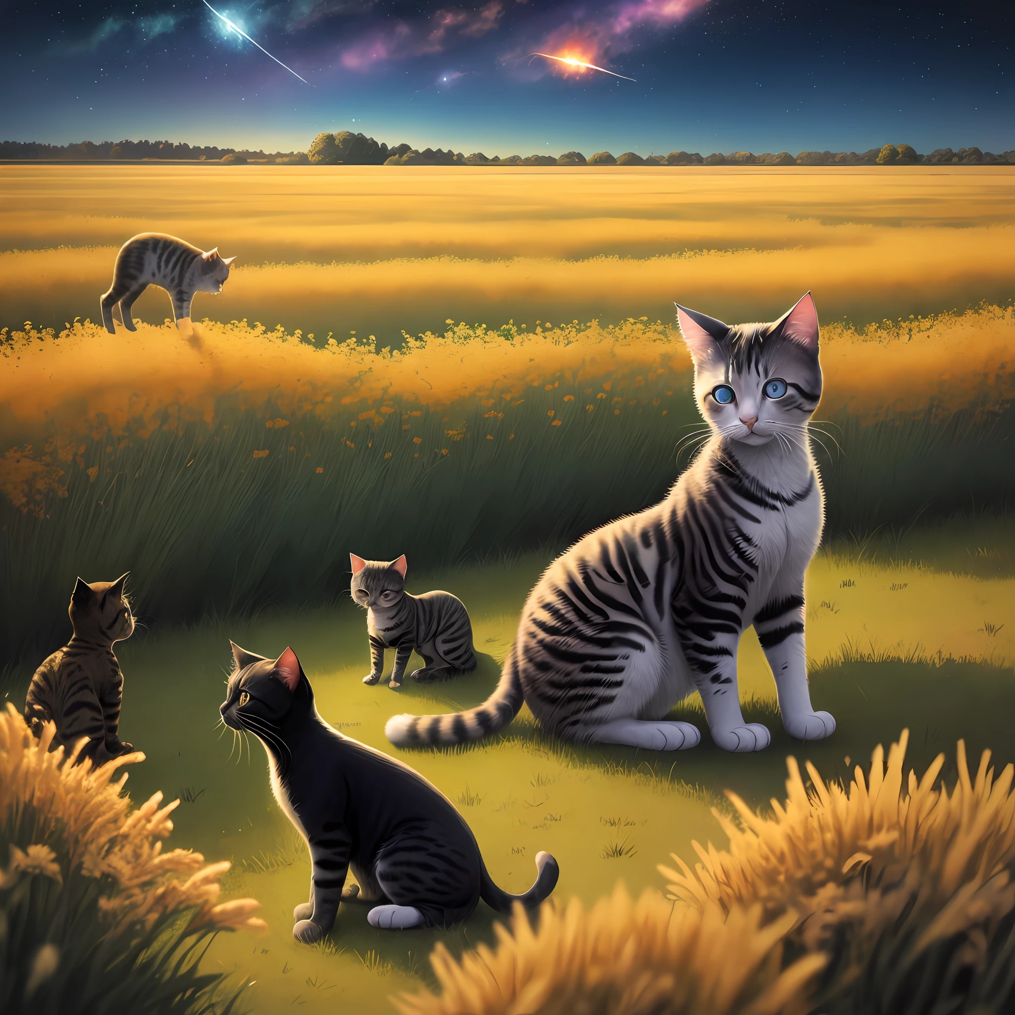 Empty，field，Colored meteors，partner，baby cats，midsummer，