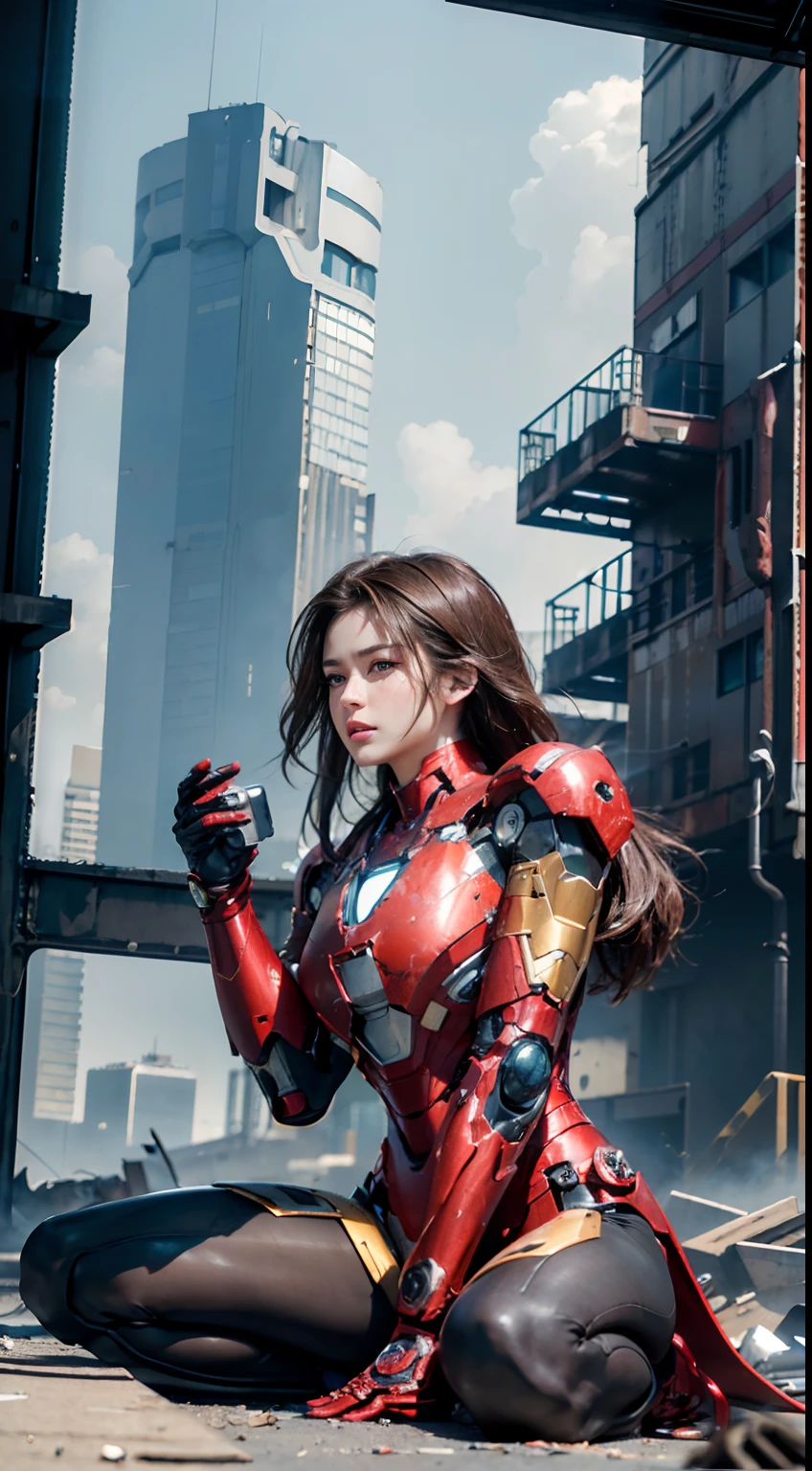 RAW, Masterpiece, Ultra Fine Photo,, Best Quality, Ultra High Resolution, Photorealistic, Sunlight, Full Body Portrait, Stunningly Beautiful,, Dynamic Poses, Delicate Face, Vibrant Eyes, (Side View) , she is wearing a futuristic Iron Man mech, red and gold color scheme, highly detailed abandoned warehouse background, detailed face, detailed and complex busy background, messy, gorgeous, milky white, high detailed skin, realistic skin details, visible pores , sharp focus, volumetric fog, 8k uhd, dslr camera, high quality, film grain, fair skin, photorealism, lomography, sprawling metropolis in futuristic dystopia, view from below, translucent