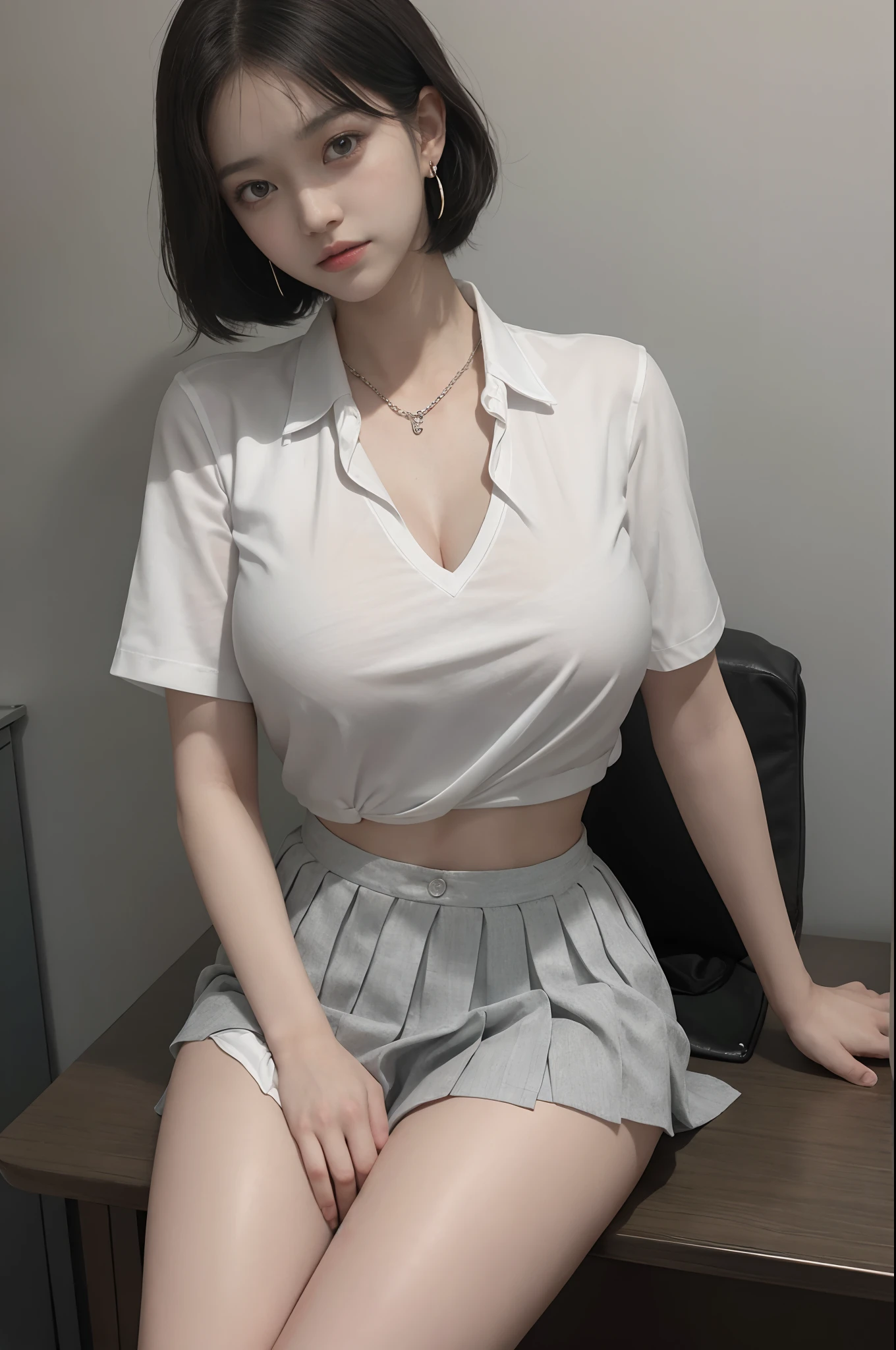 Korean school uniform,Summer uniform shirt,Ribbon Ties,White miniskirt,School Classroom,school stairs,Chest thrust pose,(the breasts are large),8K raw photos,A high resolution,cool Korean ,very large round breasts,beautiful eyes in detail,long eyelasher,beautiful double eyelid,eye shadows,eyes liner,Cut Eyes,Elongated eye shape,Sanpaku eyes,evilsmile,Evil expression, Beautiful very thin legs,Beautiful very thin thighs,Random short hair,Hair tied behind the head,large circle earrings,(Short messy hair),(Crystal necklace)With gray eyes(with black curled hair)(Close-up),(Wrapped feeling)(High illumination)(Gorgeous lips)