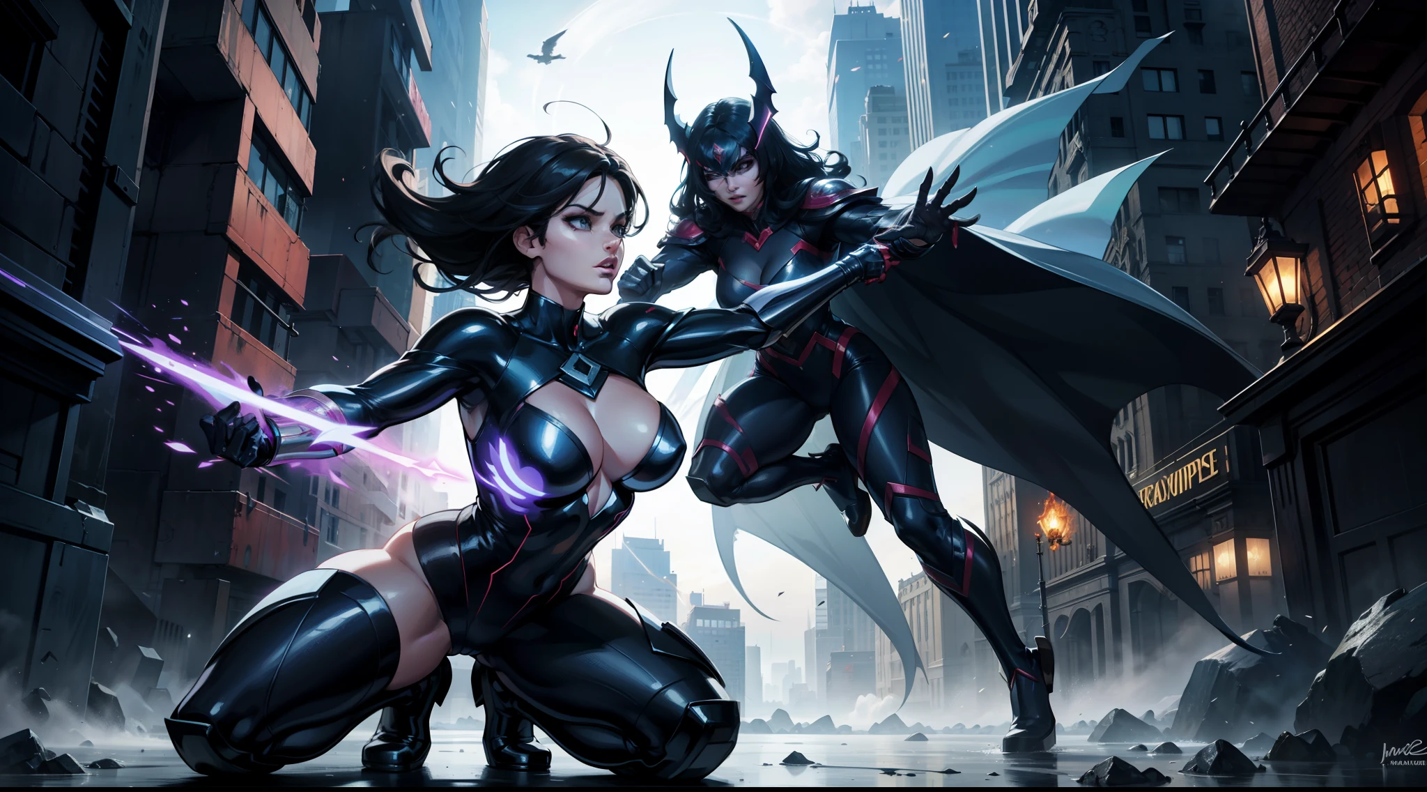 A beautiful and powerful heroine is fighting with a super villain in a big and fancy city, action scene, superpowers, full body shot, daylight, high definition, Ultra Quality, 8k, masterpiece, intricate details, volumetric light, dynamic compositing