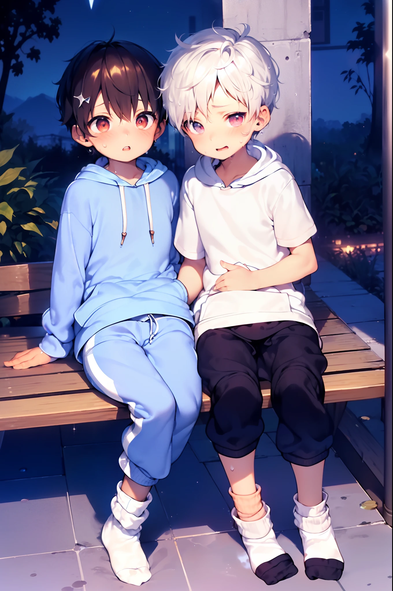 chubby Little boy with white hair and shiny red eyes and colorful socks wearing a hoodie, and sweatpants sitting on a bench, blushing, drooling, young, boy, child, small, toddler, soft light, starry night sky, beautiful sky,(sweatpants:1.8), (socks:1.8), (little boy:1.4), (shota:1.4), (cute:1.4), (small:1.6), (hoodie:1.6), (night:1.6),