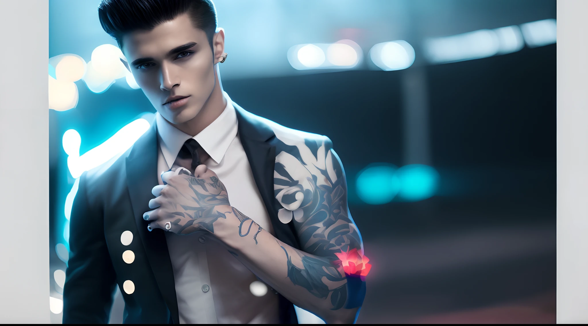 young man, tall, beautiful muscles, hands tattoo , black blazer, white pants, blue eyes, short black hair, night, light neon,