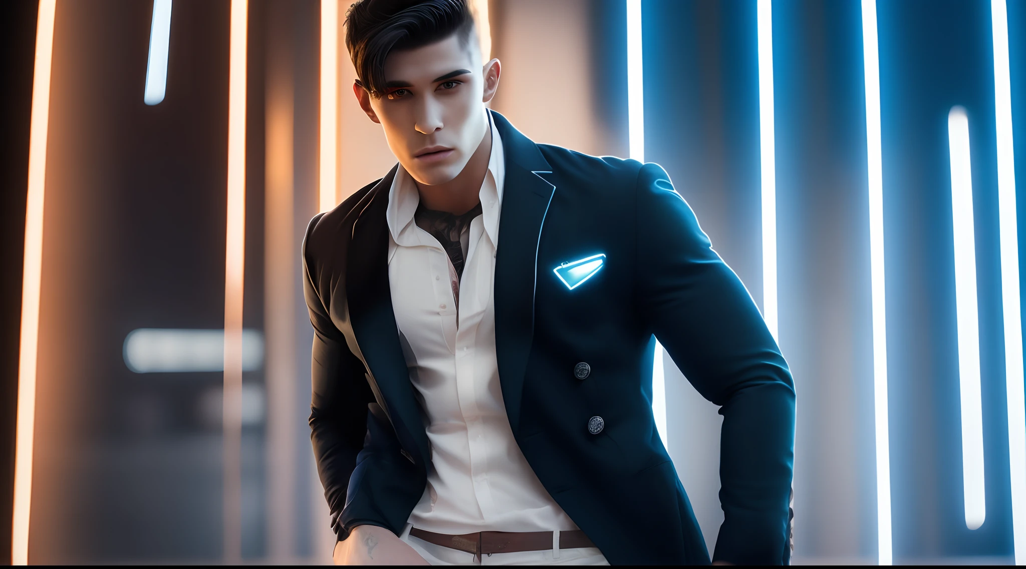 young man, tall, beautiful muscles, hands tattoo , black blazer, white pants, blue eyes, short black hair, night, light neon,