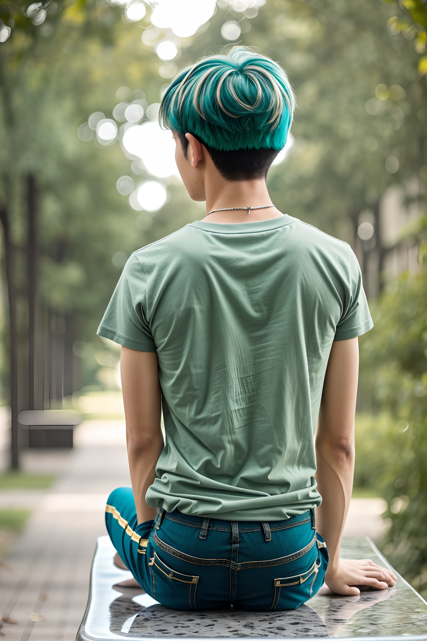 A back view shot of a 16-year-old boy with blue-green hair sitting on a stone bench chair on a university campus, wearing a short-sleeved T-shirt and tight pants --auto --s2