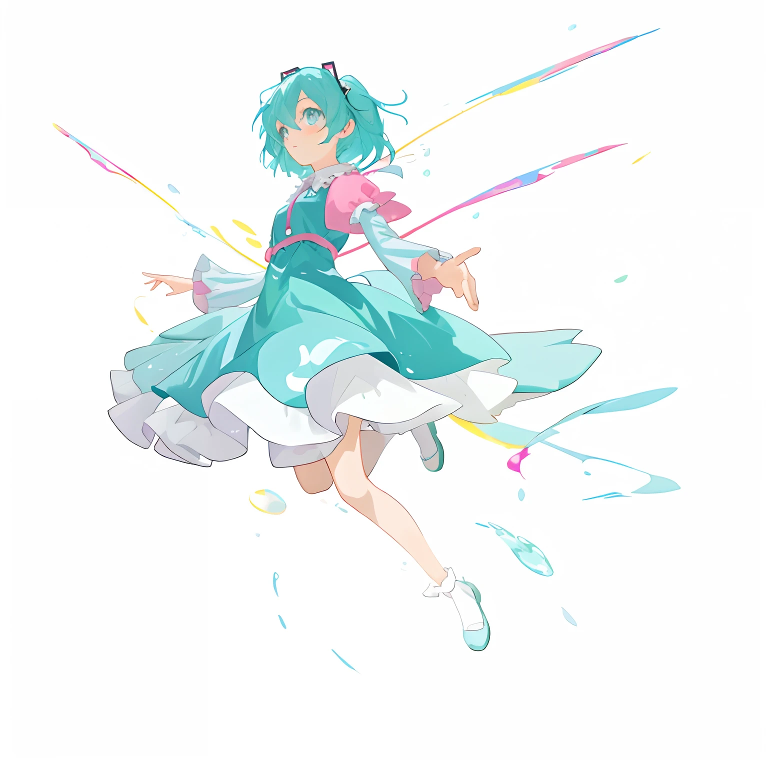 Anime girl in cyan-pink dress and water element, painttoolsai!! Blue, Hatsune Miku, Os amigos, loli in dress, touhou character, painttool sai, Anime moe art style, cute anime waifu in a nice dress, Anime girl with teal hair, Hatsune Miku short hair, she is floating in the air, made in paint tool sai2，Whole body diagram