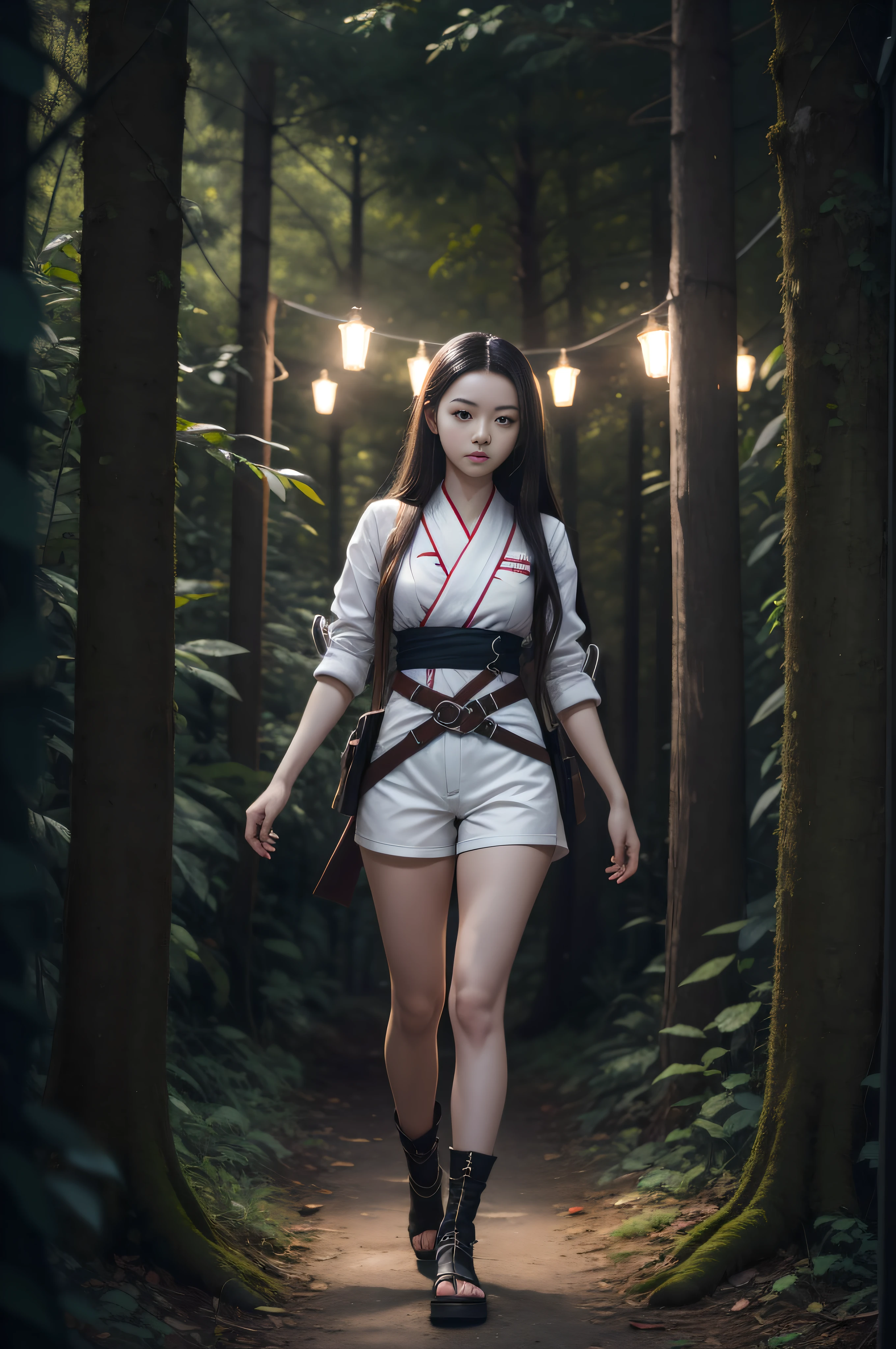 /full-length ,Nezuko Kamado, Tanjiro Kamado, anime, illustration, 2D, beautiful, a beutiful girl in a costume of the game "Demon Slayer", photography, forest, full body, light from front, low angle, white shorts, intricate details, highly detailed, insanely detailed, 8K, hd, lighting from front, dark gray background, sharp focus,