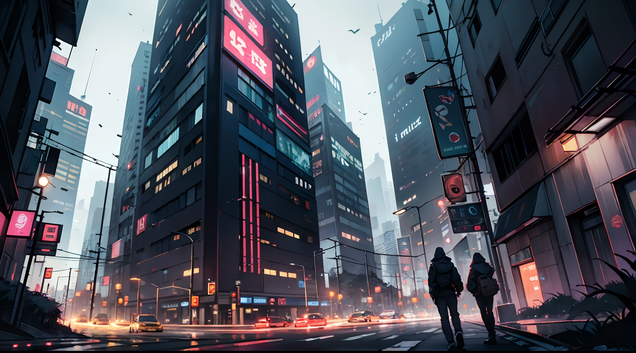 tall building, dark night, lights, cyberpunk lines