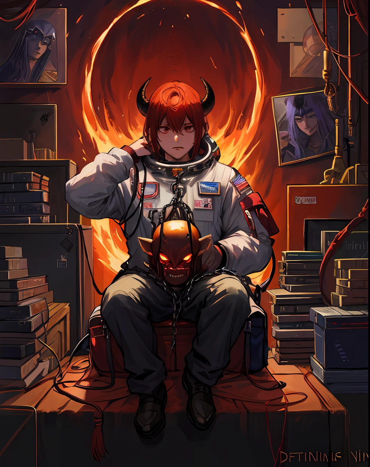 A demon with a red head, horns and a chain around his neck, Tefling, Demon Samurai, Jinn man male demon, Male Djinn Demon Man Hybrid, Tiffling from D & D, Demon Samurai Warrior, Fire Demon, demon noble character design, red demon armor, Demon Spirit Art Concept, In the devil style sitting, demon armor, Tiffling Rogue,Man in a spacesuit with a helmet and backpack, Lone astronaut, Astronaut below, astronaut, Portrait of an astronaut, astronaut, Future astronaut, Detailed astronaut, Portrait of an AI astronaut, Portrait of an astronaut, Astronaut, Unknown space, Creepy astronaut, space, Space Art, Horrific emotions, Science fiction art, Science Fiction Digital Art Illustration