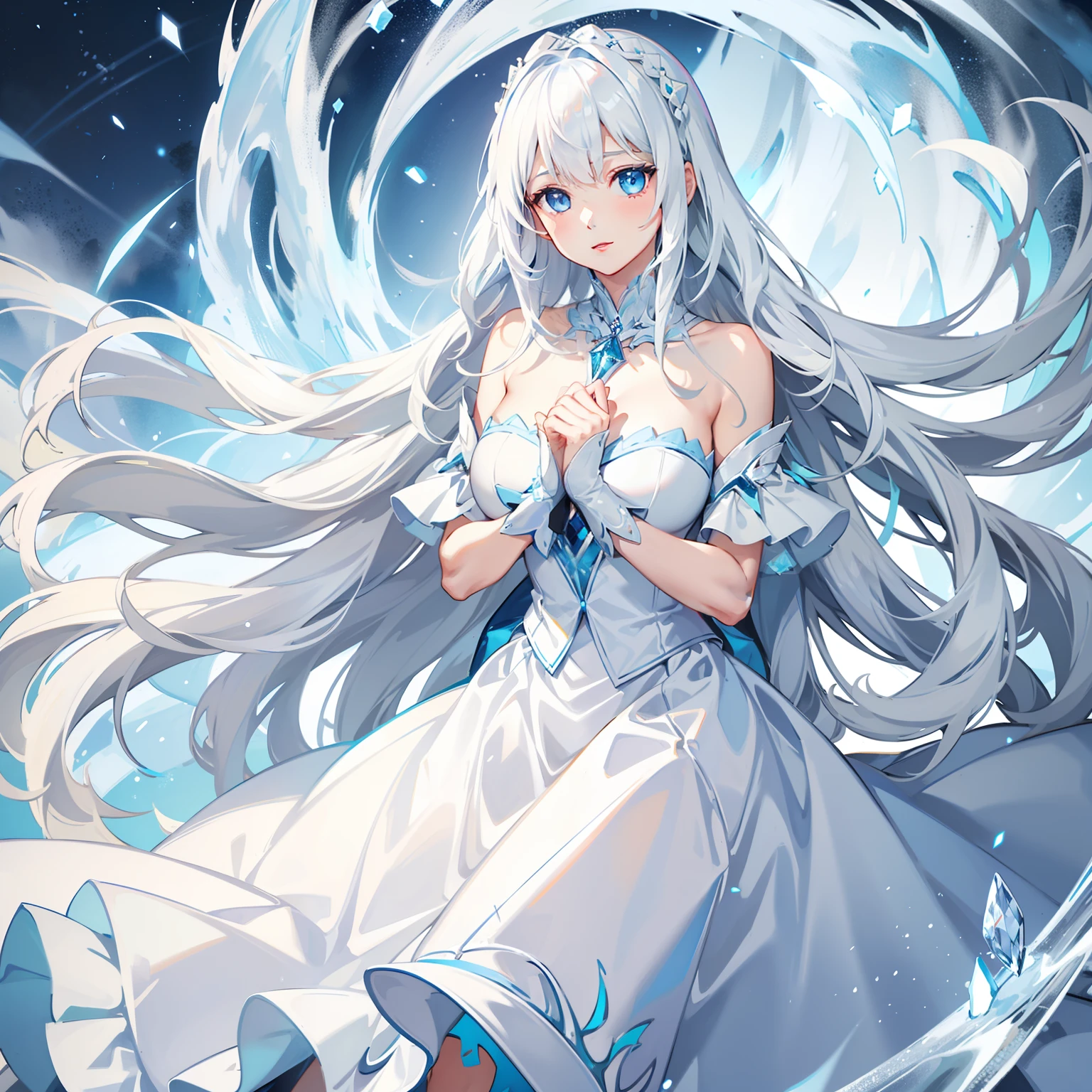 Long snow-white hair，Crystal blue eyes，Long blue off-the-shoulder dress，White lace，Hands on the skirt of the hem，light grin，Frozen，ice magic