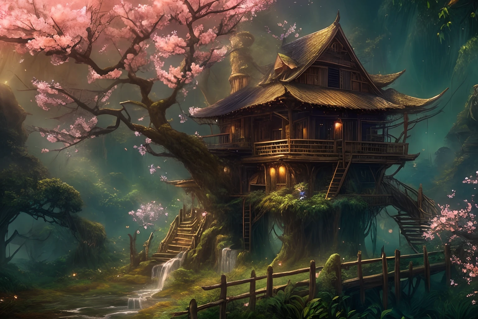 awardwinning, concept-art, fine art, epic fantasy digital art, bird's eyes view，Cinematic lighting,Downward view，super wide shot，Viewing angle from afar，depth of fields，The beauty of the fairytale forest，waterfallr，Quaint, Picturesque, Rustic, Lush big breasts, ((lawns;1.3)), ((Peach blossom tree:1.5)), Small rivers, ((Many tree houses)), ((The tree house is connected to the tree house by a wooden bridge)), ((Ivy is intricate)), Epic, ((Cinematic lighting)), High quality, High contrast, Realistic lighting,4K textures, photolab, hdr, ((iintricate)), elegant, Highly detailed, Sharp focus, insanely details, Intricate details, ultra - detailed, Harsh movie light, Outdoor atmosphere,tmasterpiece，best qualtiy，（Very detailed CG unity 8K wallpaper），（best qualtiy），（Most Best Illustration），（Best shadow），glowing sprites，Natural elements in the forest theme。Mysterious Forest，Beautiful forest，naturey，surrounded by flower，Delicate leaves and branches are surrounded by fireflies（nature elements），（Jungle theme），（Foliage），（tree branch），（Particle effect）wait。3D ，  Ray traching，