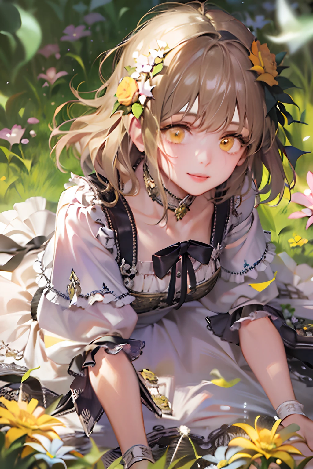 Masterpiece, best quality, realistic, extremely detailed face, 1 girl, solo , standing still, bloom, light particles, medium hair,game clothes,rpg clothes, yellow eyes,lying down in the flowers and grass,22 years old,smile,dark light,cute,white dress,young,petite,sitting