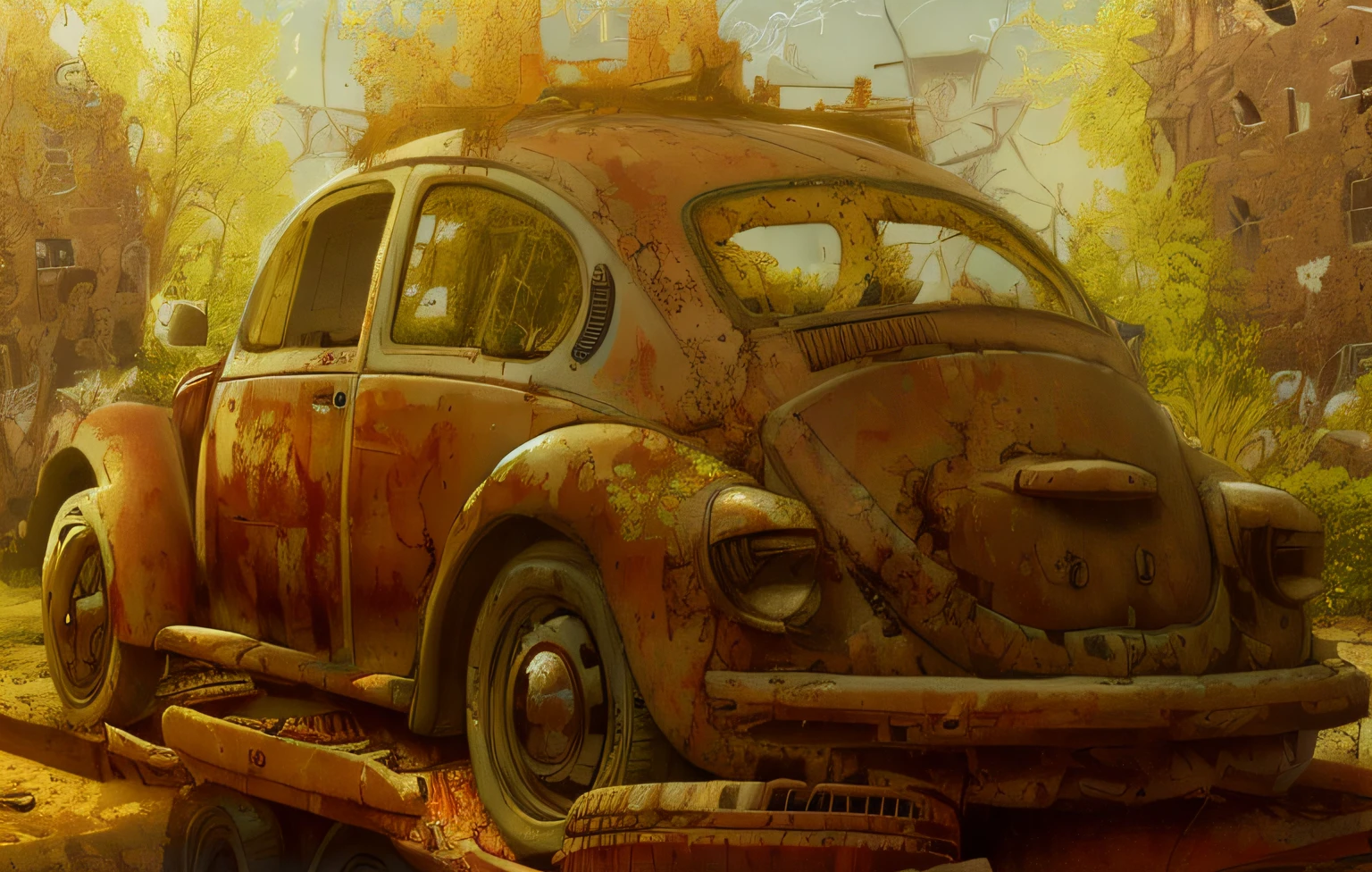 A detailed and realistic image of a rusty old beetle in ruins.