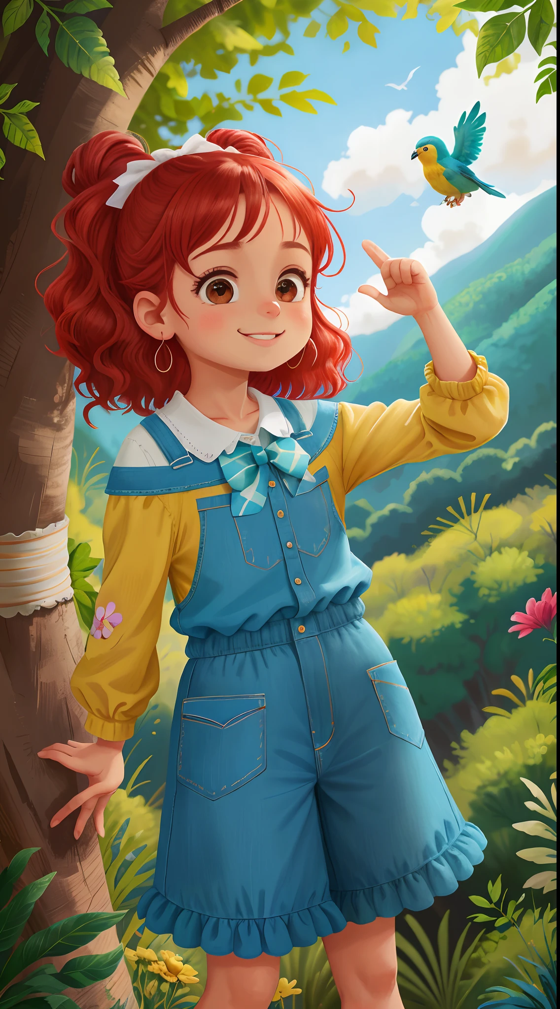 WONDERFUL SCENERY, num rancho espetacular, Breathtaking green-stomp. Uma casa linda cheio de detalhes, A spectacular sky. Muito campos gramados, floresta de fundo e montanhas de fundo. Menina 9 anos.. personagem para capa de ebook infantil. Curly and red hair up to the shoulder. Bow on pink head. Olhos castanhos e grandes. pele branca. mesmo personagem. usando short azul escuro e blusa amarela. Meia branca e sapato preto. Paisagem de fundo ( rancho lindo, cheio de paisagens , flores, plantas, birds and forest animals. various poses, mesmo personagem vista de lado, quer dizer, frontal, lateral direito, lateral esquerdo, de costas, rostos diferentes , quer dizer, triste, alegre, assustada, encantada, felizes, felizes, de qualidade perfeita, menina de costas, lateralmente, Attracted, lateralmente, lado a lado, fisionomia diferente da face. Foco claro .feliz, feliz, qualidade perfeita, foco claro (mess-house: 0.8), (obra-prima: 1.2) (realista: 1.2) (bokeh) (melhor qualidade) (pele detalhada: 1.3) (detalhes intrincados) (8K) (olhos de detalhe) (foco nítido), (feliz)