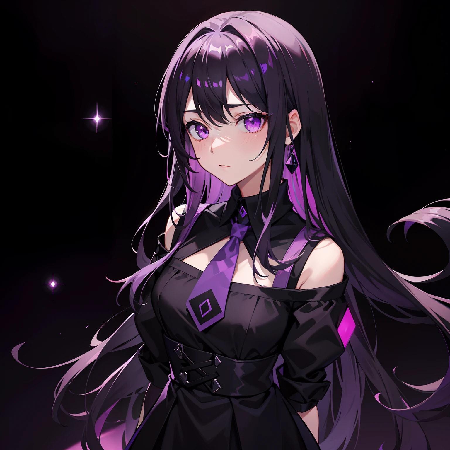 Black waist radiated,Princess cut,Crystal purple eyes,black school uniform,Purple eye,delicated,The contrast between light and dark,Shy, blushing in surprise,eardrop