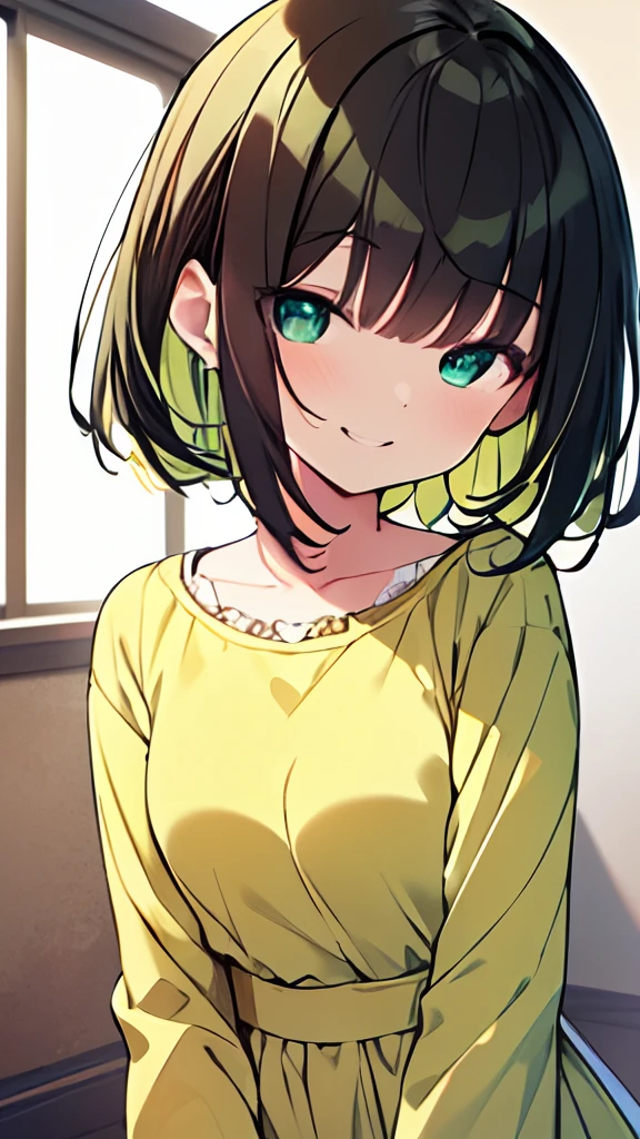 masutepiece, Best Quality,Illustration, Wallpaper, Ultra Detail, absurderes, 1loli,Solo,Beautiful detailed eyes,
Bangs, Medium Short-Cut Hair, (nffsw)、(((Light yellow-green clothes)))、Dark hair color、((Full smile))、((Small curvaceous))