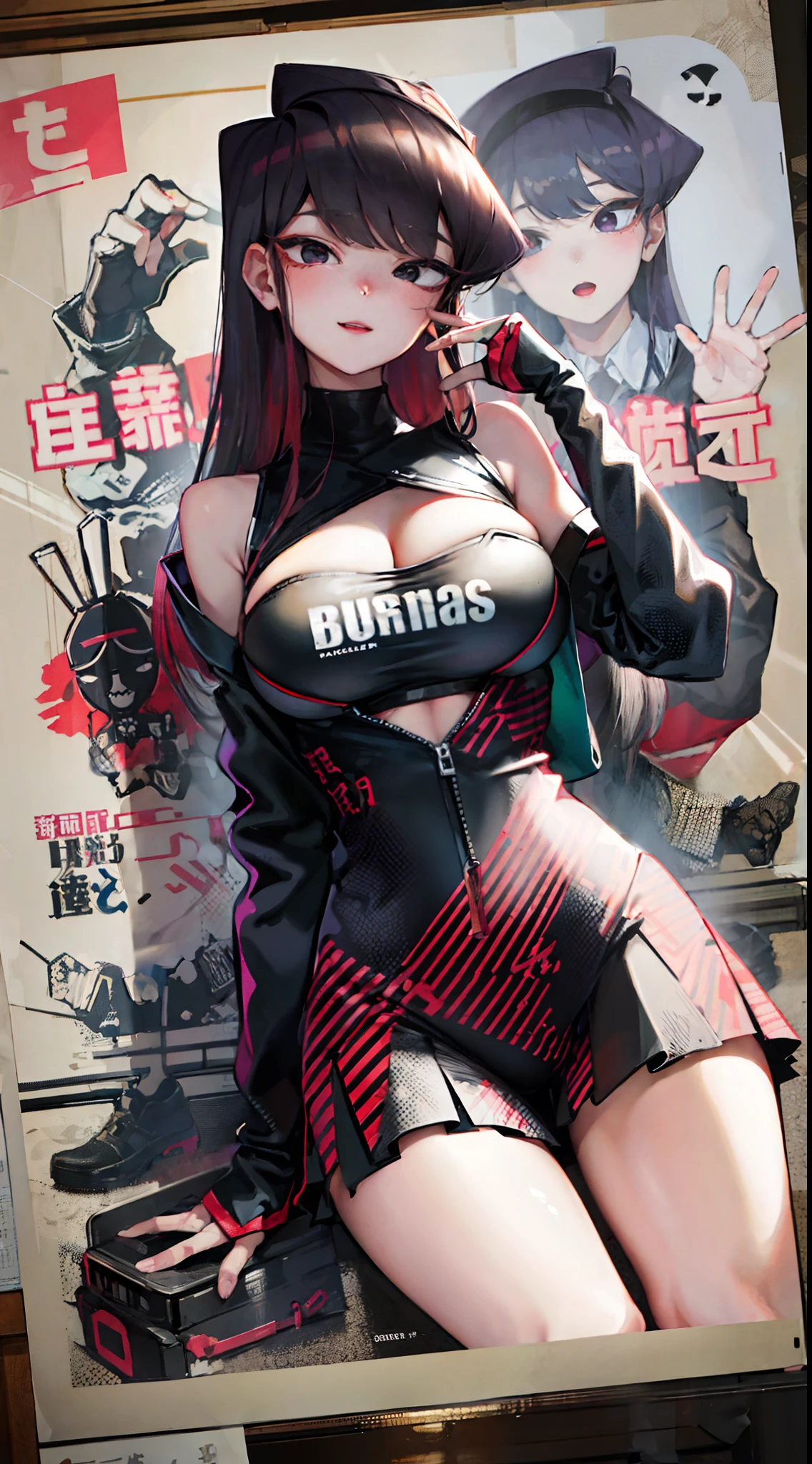 komi shouko,brunette color hair，Red pupils fleshy thighs，Poster publicity style，校服，busty figure，C cup，Happy expression