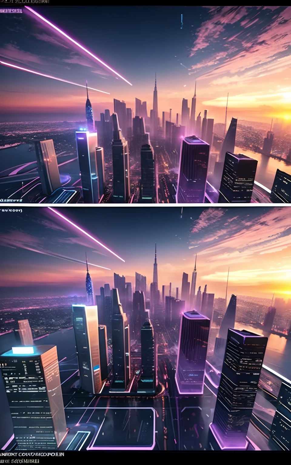 Style: Concept art. The scene: Futuristic cityscapes with towering skyscrapers and sleek aerodynamic vehicles speeding through the air. High-resolution OLED GUI interfaces in the building's windows are filled with transparent data visualization infographics showing everything from weather patterns to traffic flow. Colors are saturated and vibrant, with warm pinks and purples dominating the skyline. The overall effect is both beautiful and awe-inspiring.