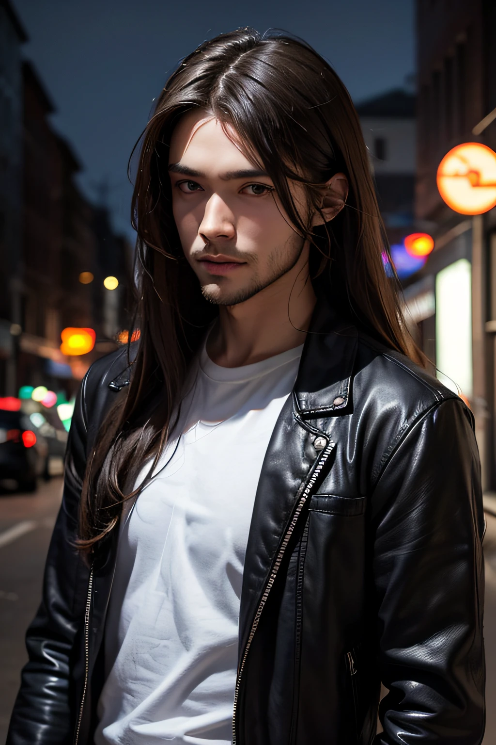 A 26-year-old young man，Thin，leathery，Indifferent eyes，Have a little beard，long whitr hair，brunette color hair，Normal face shape，The whole body in black，Lack of muscle，Look ahead，No man's street，natta，deep in the night，Thin shirt，looking to the camera，The hue is dull、Cold，