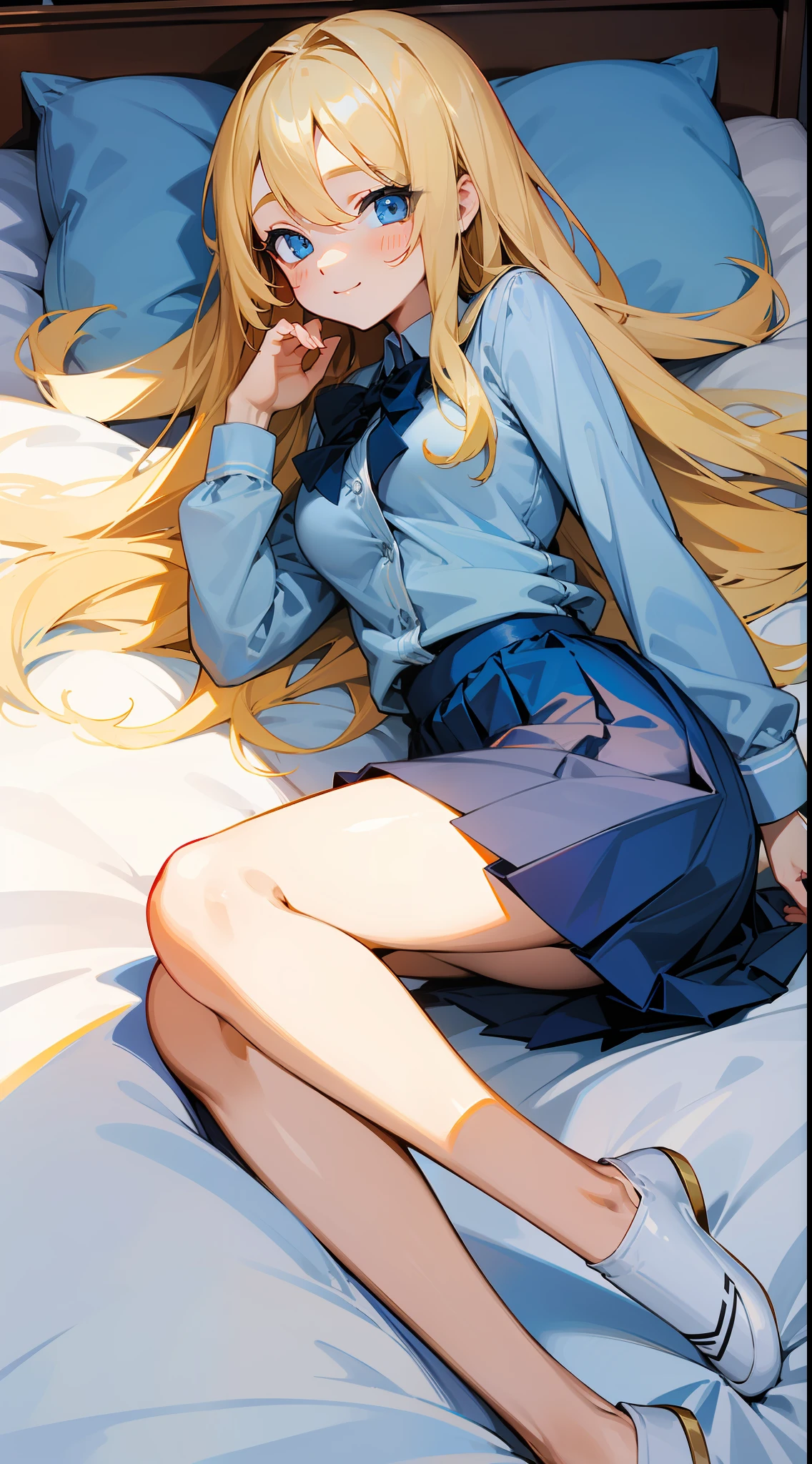 Long blonde hair、blue color eyes、clothes: School uniforms、Lie down in bed、ssmile、open breast、showing butt、Be red in the face、high high quality、high detal