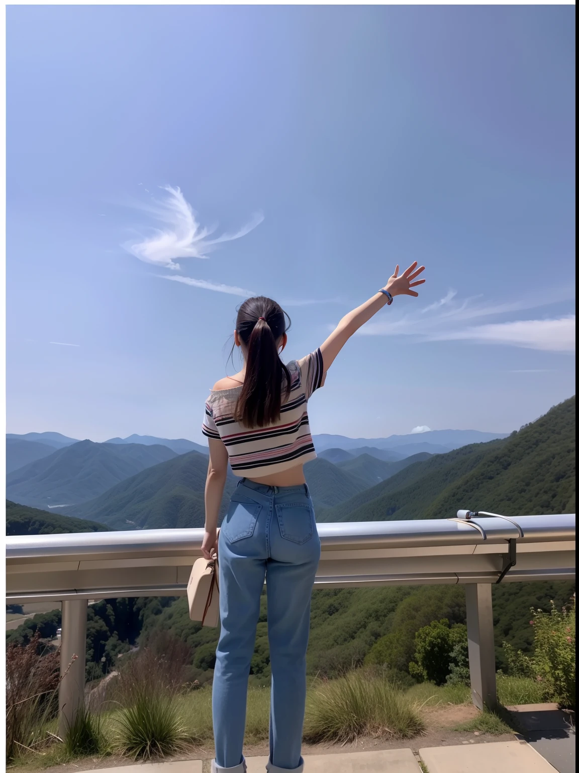 Woman standing on the road pointing to the sky, onthe mountain, Stand in front of Mt, standing!!, 🚿🗝📝, looking at the mountains, 3 / 4 pose, On a sunny day, Nice view, t pose, Yoshitomo Nara, t-poses, t - pose, At the top of a mountain