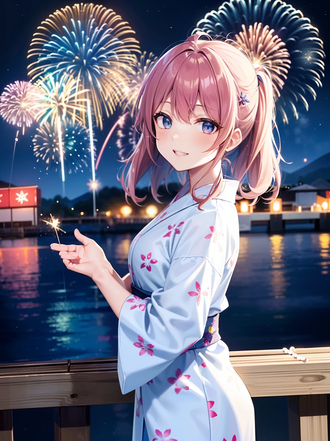 8K, Night, Shooting Star, Clouds, Floral Yukata, Yukata, 25 years old, Bright Colors, (Fireworks: 1.4), (New Year: 1.1), (Festival: 1.1), (Sharp Focus: 1.2), (Cowboy Shot: 1.2), (Smile: 1.1), (Teeth: 1.1), Bridge, Overlooking the Lake, (Water Reflection: 1.2), Glitter, Floating Particle, Colorful Particle, Lots of Fireworks