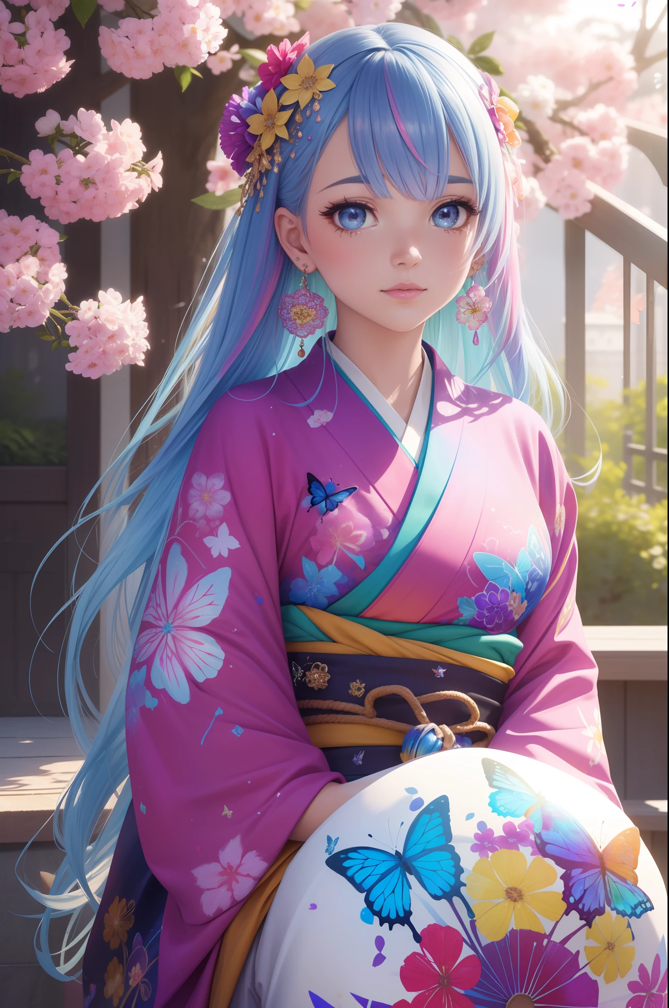 shukezouma, octane render, hdr, (hyperdetailed:1.15), (soft light, sharp:1.2), 1girl, beautiful girl, ultra detailed eyes, mature, plump, thick, rainbow painting drops, paint teardrops, woman made up from paint, entirely paint, splat, splash, long colored hair, kimono made from paint, ultra detailed texture kimono, rainbow paint kimono, paint bulb, paint drops, (hair ornaments, earrings, flowers hair ornaments, butterflies hair ornaments), outdoors, sakura trees
