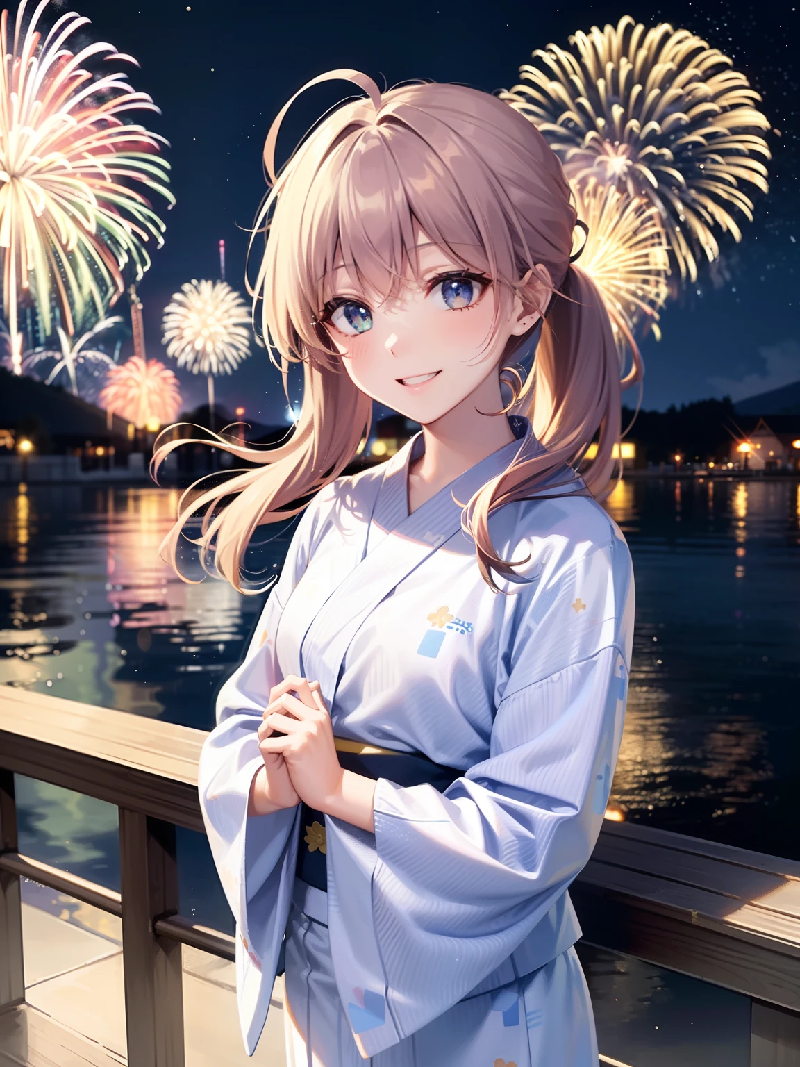 8K, Night, Shooting Star, Clouds, Floral Yukata, Yukata, 25 years old, Bright Colors, (Fireworks: 1.4), (New Year: 1.1), (Festival: 1.1), (Sharp Focus: 1.2), (Cowboy Shot: 1.2), (Smile: 1.1), (Teeth: 1.1), Bridge, Overlooking the Lake, (Water Reflection: 1.2), Glitter, Floating Particle, Colorful Particle, Lots of Fireworks