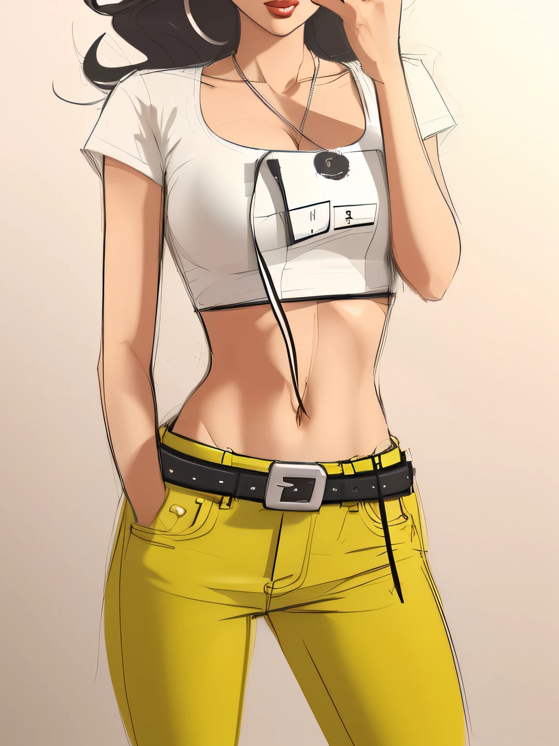 Draw a woman wearing crop top short sleeves,A tape measure wrapped around the waist, girl sketch, sketch illustratio, clothing concept, urban girl fanart, sketched, pencil style, matte sketch, Sketch style, Stylized proportions, big breasts thin waist, Girl standing, wearing yellow croptop, Physical : tinyest midriff ever, old sketch, fashion study, Thin waist,Take a good selfie