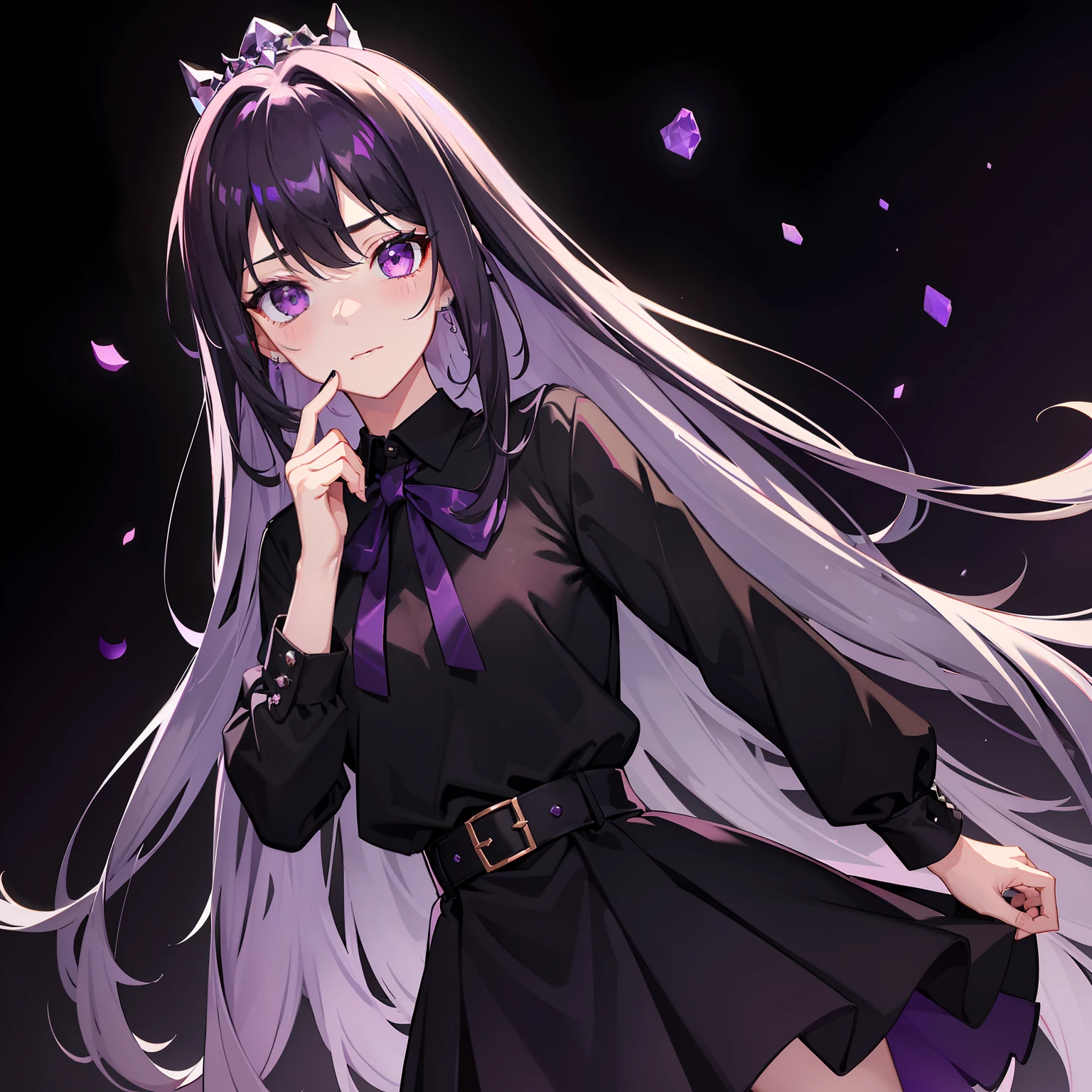 Black waist radiated,Princess cut,Crystal purple eyes,black school uniform,Purple eye,delicated,The contrast between light and dark,Shy, blushing in surprise,eardrop