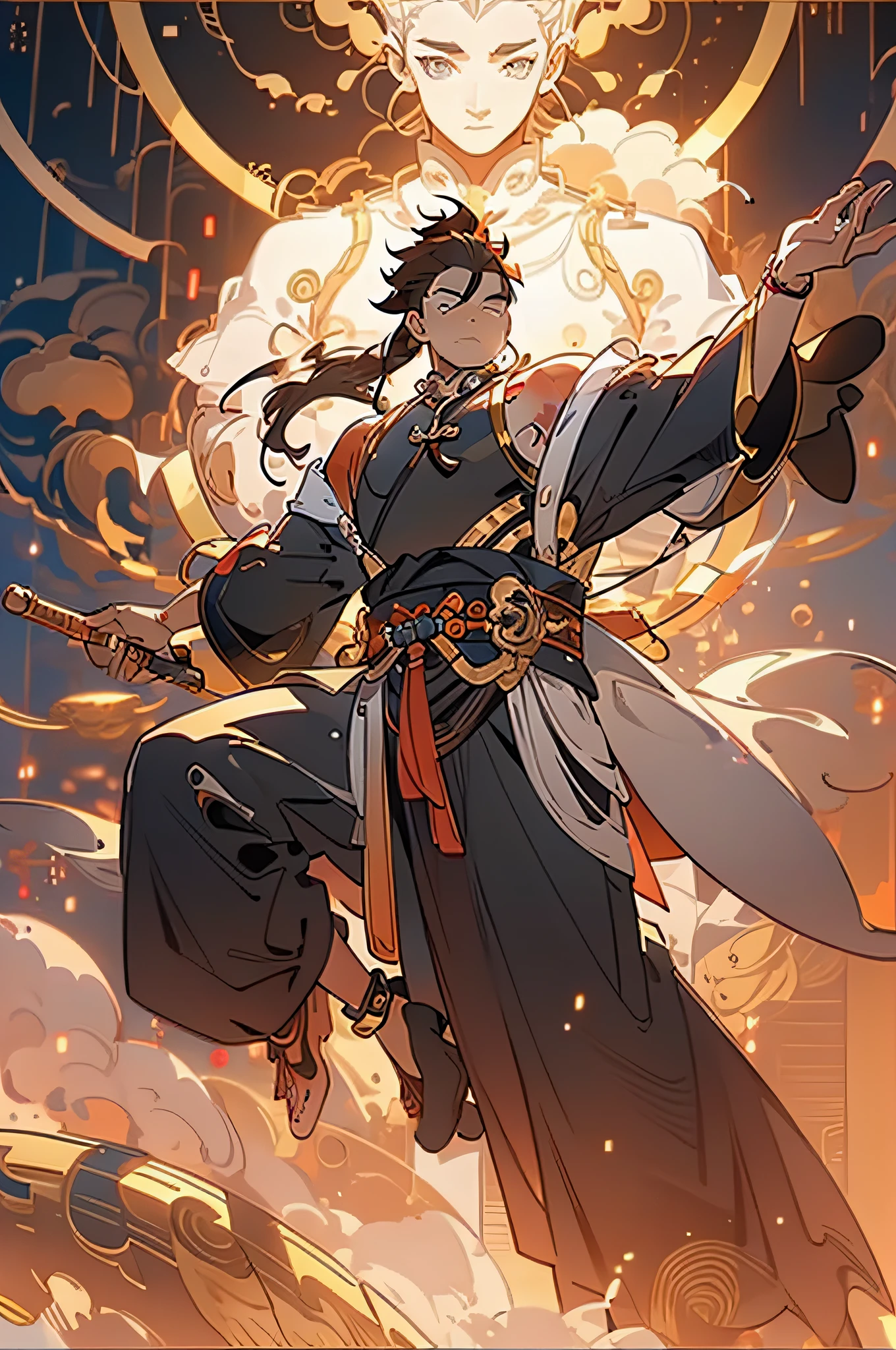 Best quality,4K,Solo,1male ,(Anime:1.2),(Male:1.5),(juvenlie:1.5),There is a Chinese dragon horn on the head,There are earrings on the ears,Have a bracelet on your wrist,(There are metal ankle rings on the ankles:0.8),Ancient Chinese style, (bare shoulders:0.8), Long hair, (floating in air:1.5),flatchest,strong,Burly,musculature,A panda clangs at his feet