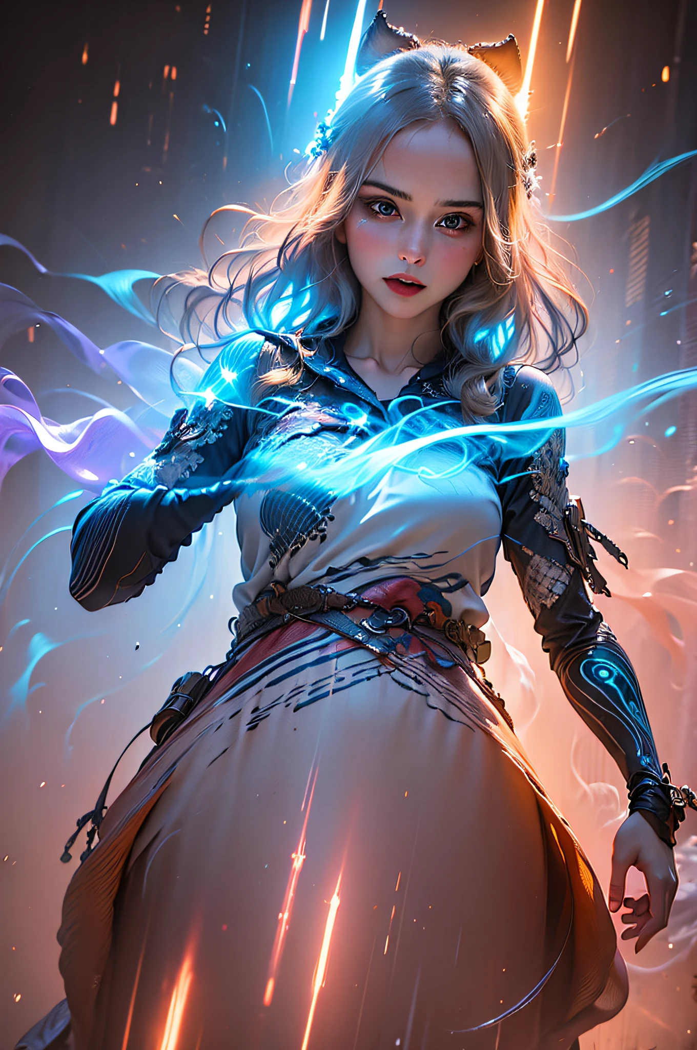 (masterpiece, best quality:1.4), light painting, (long exposure:1.2),dynamic streaks, luminous trails, vibrant colors, fluid movement, captivating patterns, creative experimentation,(1girl),(highest detailed),(cowboy shot:1.2),dynamic pose