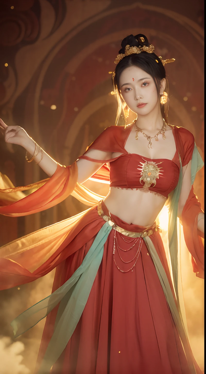 (8k, RAW photo, best quality, masterpiece:1.2), (realistic, photo-realistic:1.4), (extremely detailed CG unity 8k wallpaper), (1 girl:1.5), Western beauty, (Red clothes: 1.4), red spots on forehead, pale skin, blush, big eyes, full body, thighs, open navel, gold waist chain, gold jewelry, flying ribbons, particles, background is Loulan ancient city, ancient city wall, desert, dance, dunhuang_dress, dunhuang_style,