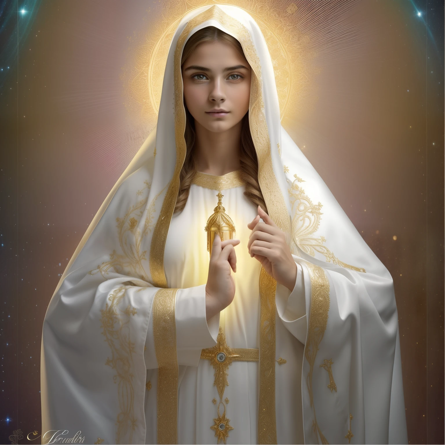 ((Blessed Virgin Mary. 19 years old))) ((( Con una cara seria y piadosa. Con una mirada dulce y tierna))) (obra maestra, calidad superior, mejor calidad, arte oficial, beautiful and aesthetic: 1.2), (1girl), extremadamente detallado, (Arte fractal: 1.3), colorido, highest detailed, Cara perfecta, parte superior del cuerpo, HDR, (orando: 1.3), (golden lines of white coat: 1.2), galaxia, (rayas de luz), eye-catching visuals, (dynamic stripes, senderos luminosos: 1.2), colores vibrantes,