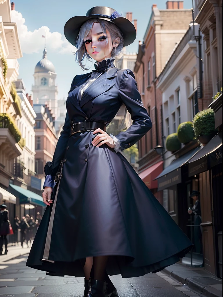 one-girl,Round blue bowler hat,Short silver shoulder-length hair,The right side of the hair is the head of the ball,Blue-violet dark aristocratic dress,Dark blue high boots,Black skinny suit pants,ssmile,looking at viewert,white backgrounid