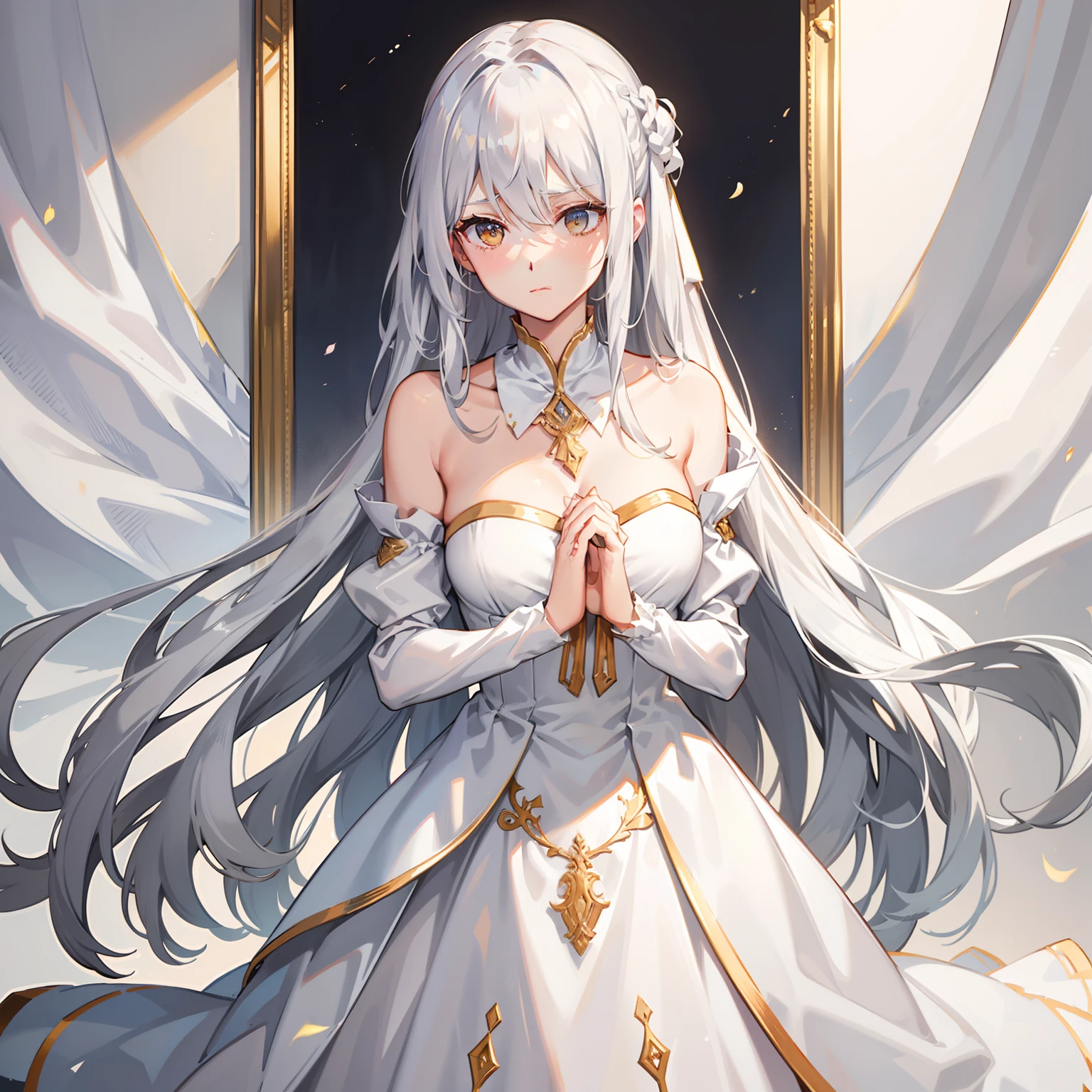 Long silvery-white hair scattered,Golden eyes,disdainful expression,Hold your hands to your chest,white off shoulder dress clothes